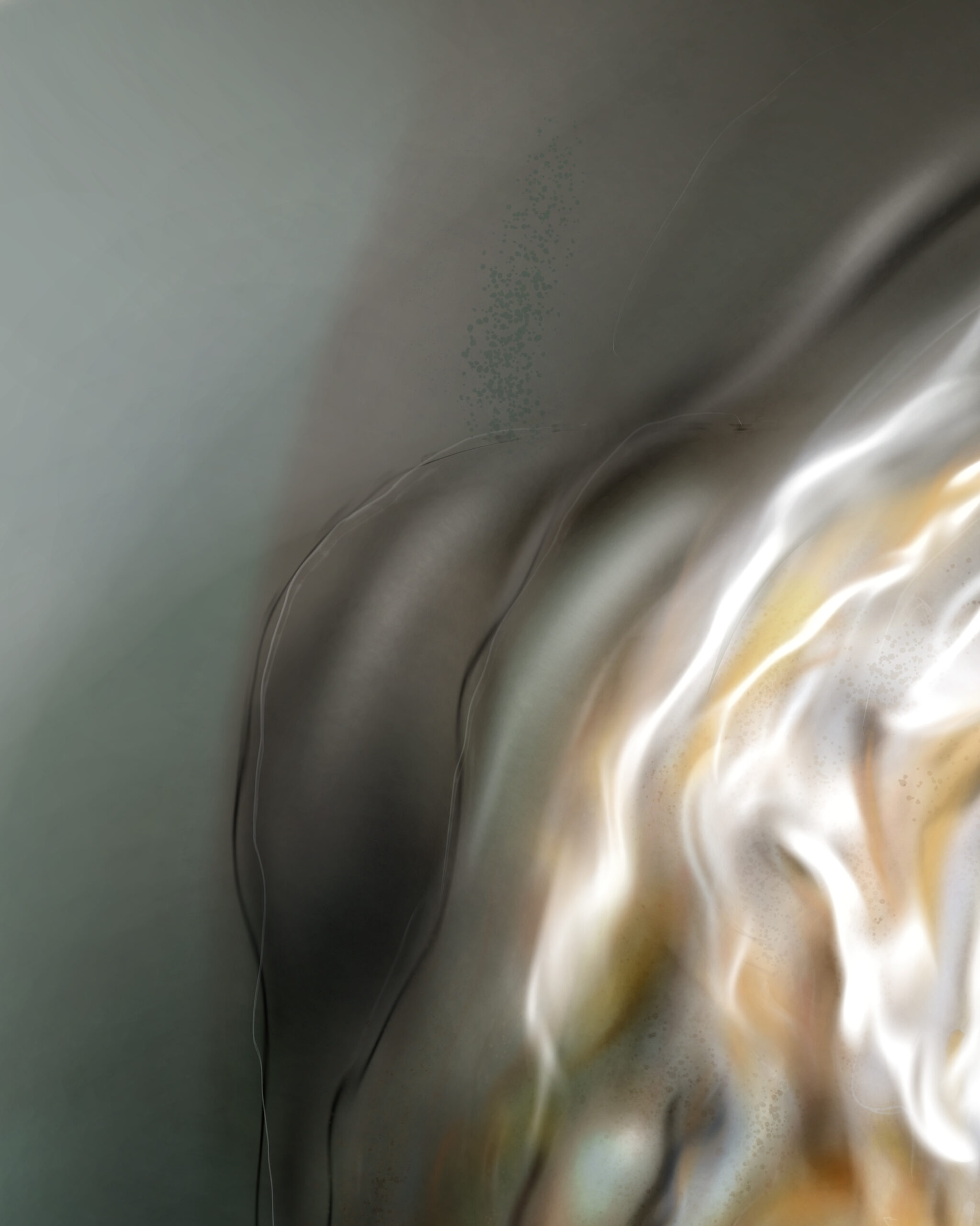 Close-up detail of Cevenant by Denis Leclerc, Emergence series, showing luminous abstract textures in grey, white, and light orange tones.