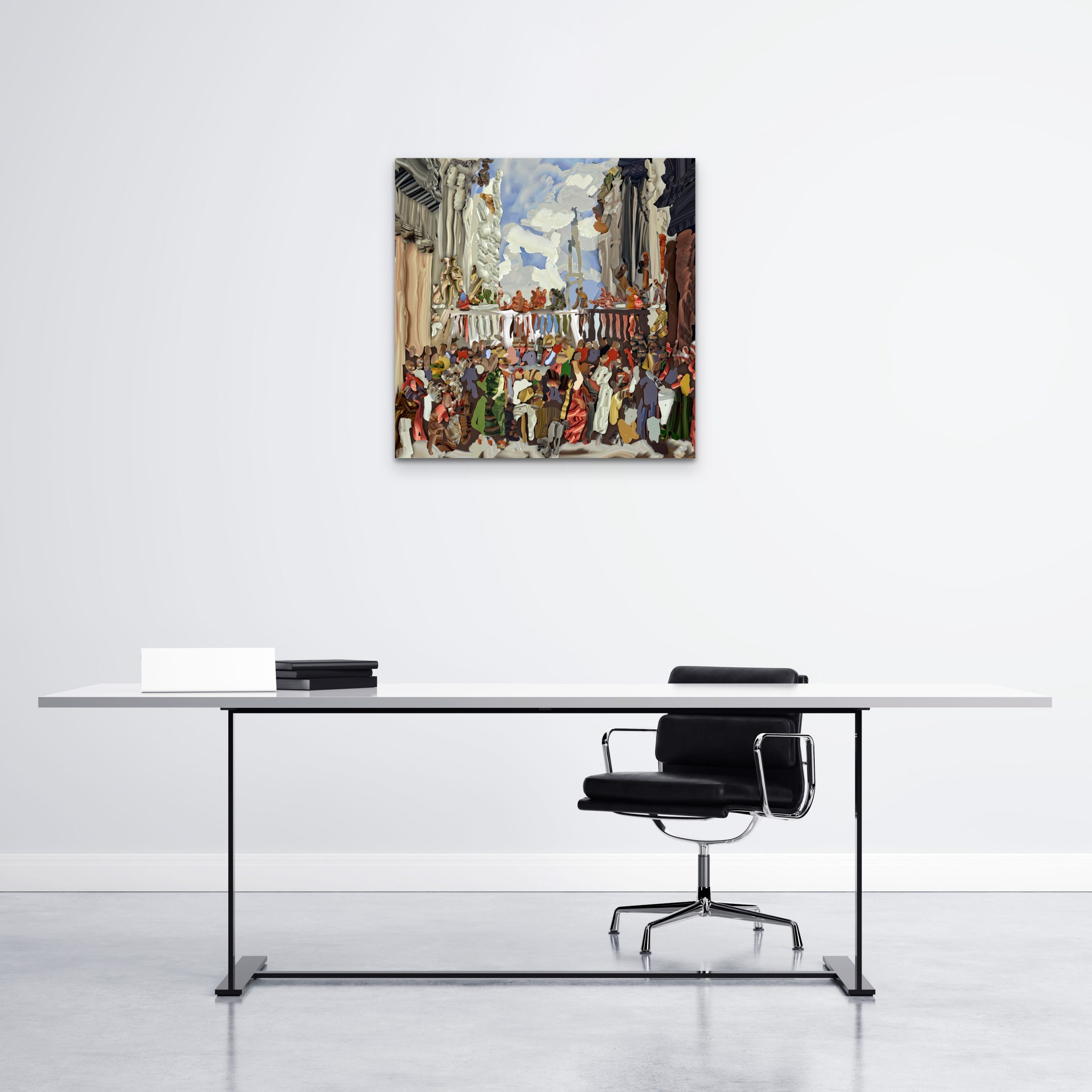 An artwork measuring 24 x 24 inches displayed in an office setting. The colorful piece adds a touch of creativity and vibrancy to the workspace, enhancing the overall aesthetic appeal.