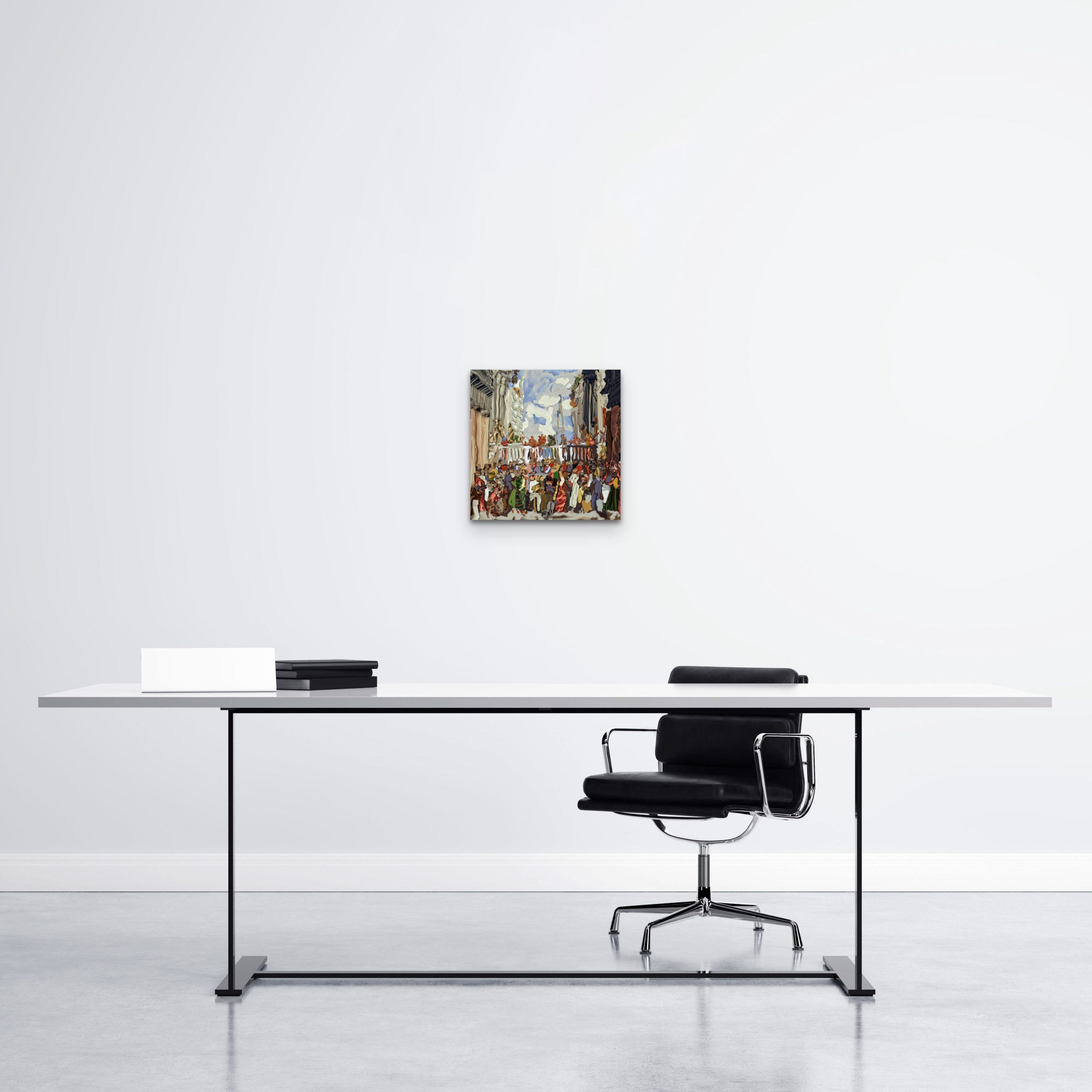 An artwork measuring 12 x 12 inches displayed in an office setting. The colorful piece adds a touch of creativity and vibrancy to the workspace, enhancing the overall aesthetic appeal.