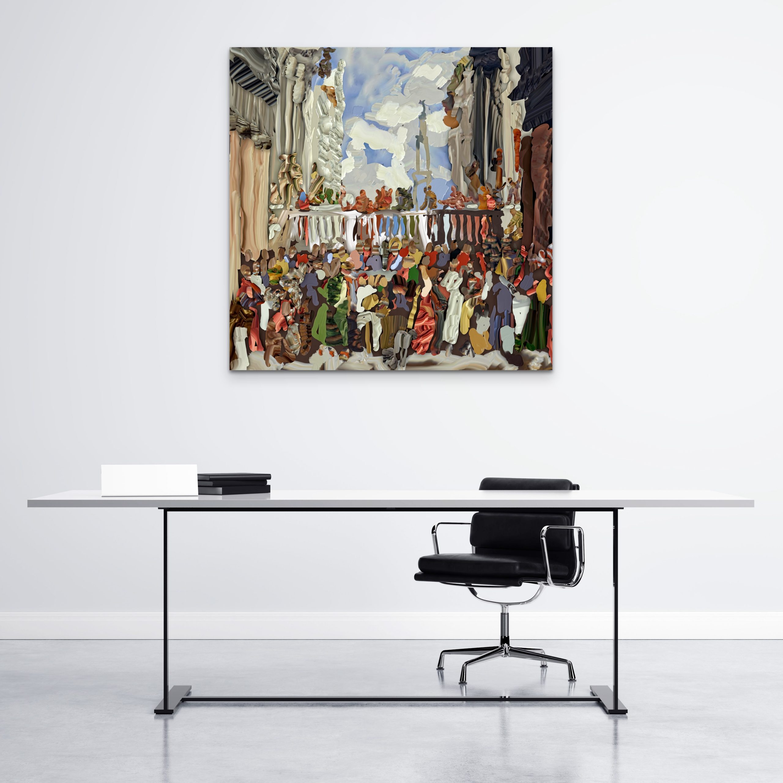 An artwork measuring 36 x 36 inches displayed in an office setting. The colorful piece adds a touch of creativity and vibrancy to the workspace, enhancing the overall aesthetic appeal.