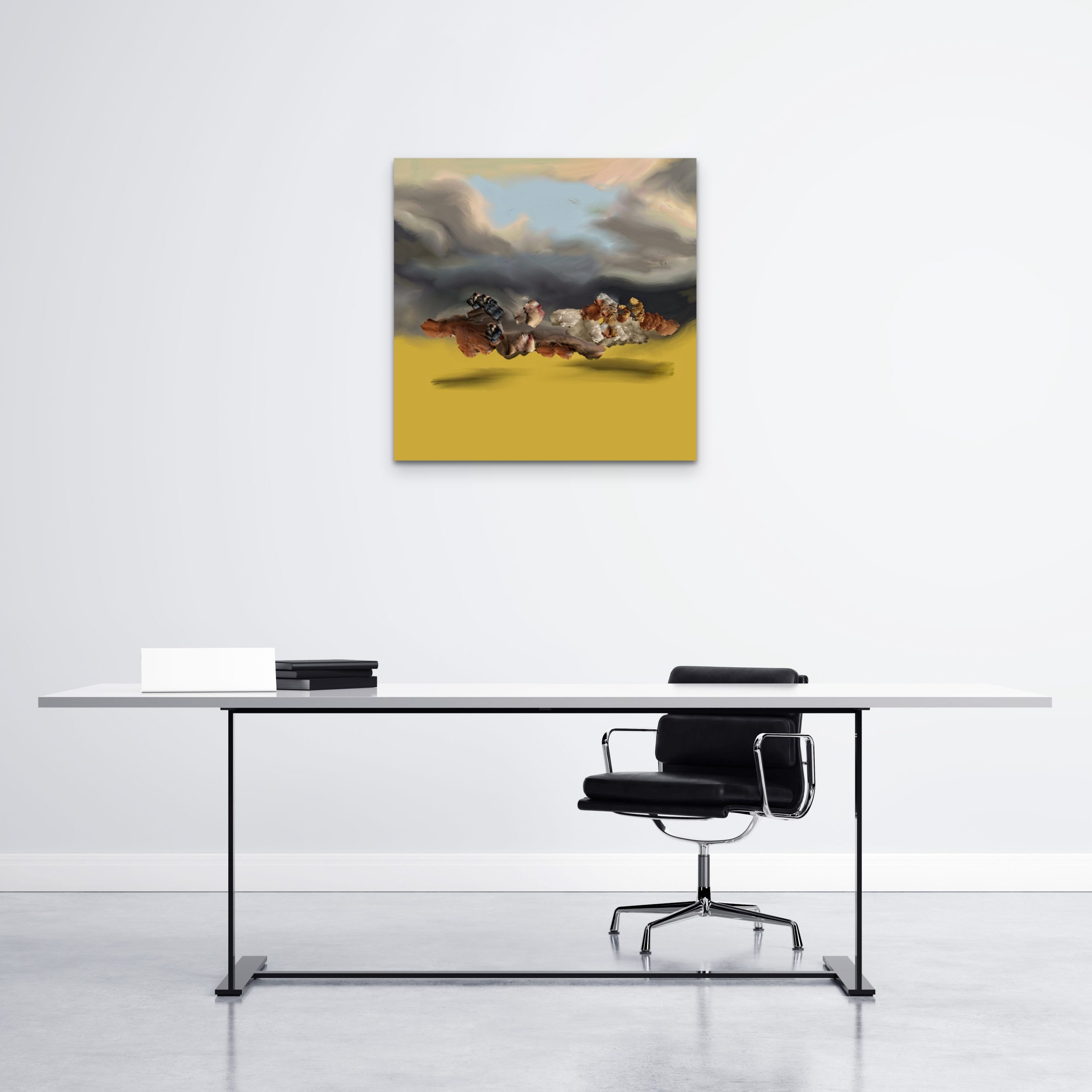 An artwork measuring 24 x 24 inches displayed in an office setting. The colourful piece adds a touch of creativity and vibrancy to the workspace, enhancing the overall aesthetic appeal.