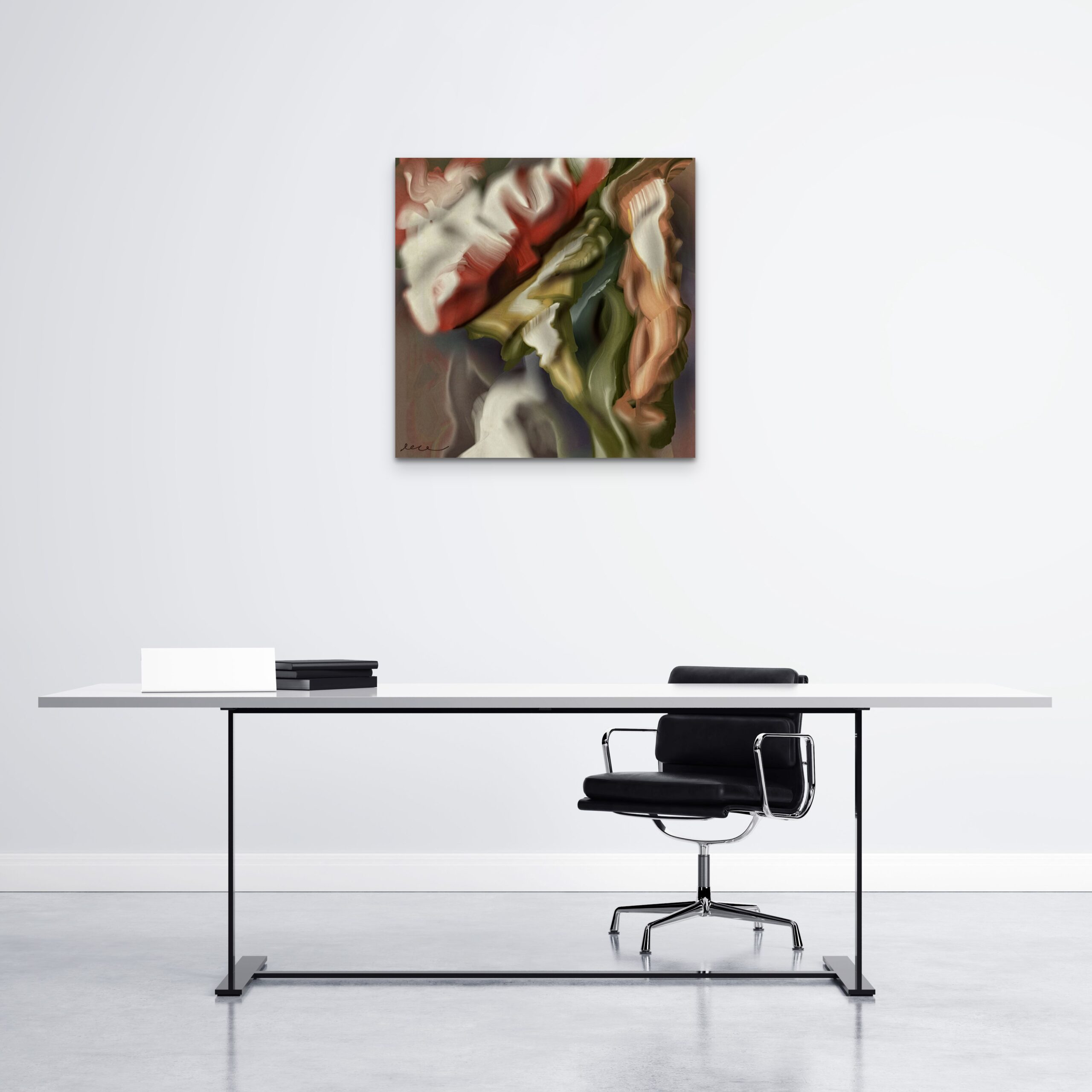 An artwork measuring 24 x 24 inches displayed in an office setting. The colourful piece adds a touch of creativity and vibrancy to the workspace, enhancing the overall aesthetic appeal.