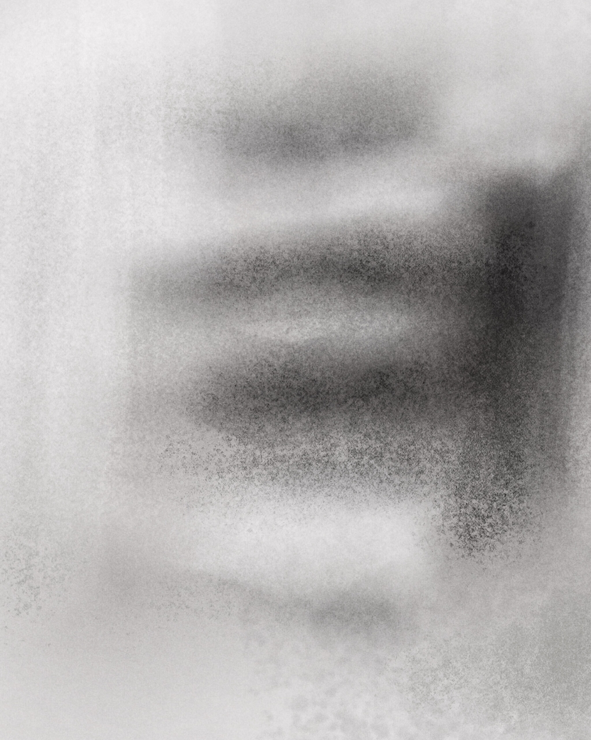 Close-up detail of Echoe Residue, a digital artwork by Denis Leclerc showing layered grayscale textures that resemble soft graphite dust.