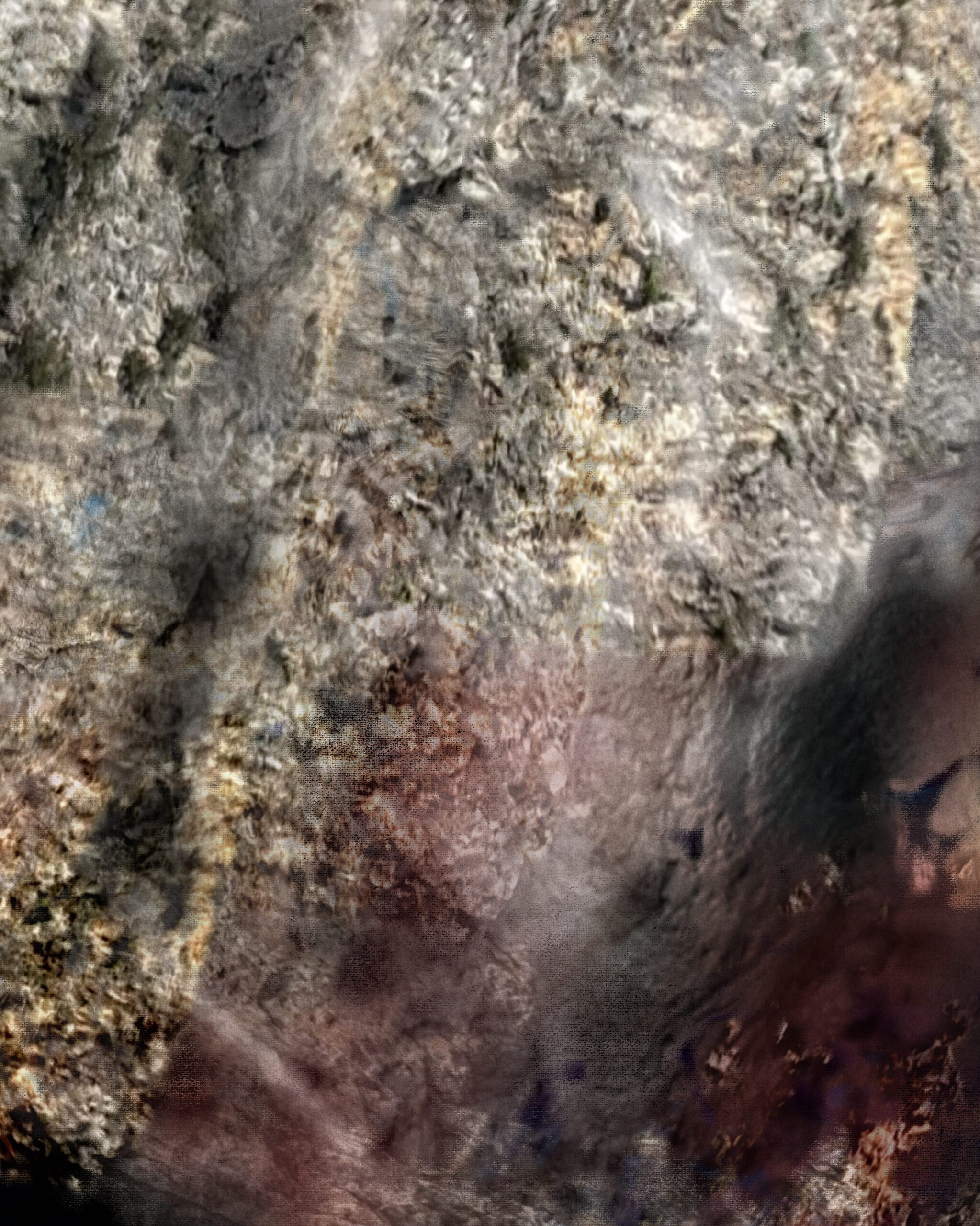Close-up view of the artwork Fallen Song showing mineral textures, pale stone fragments, and soft diffused light. The surface reveals the layered glaze technique that blends stone, air, and traces of muted red.