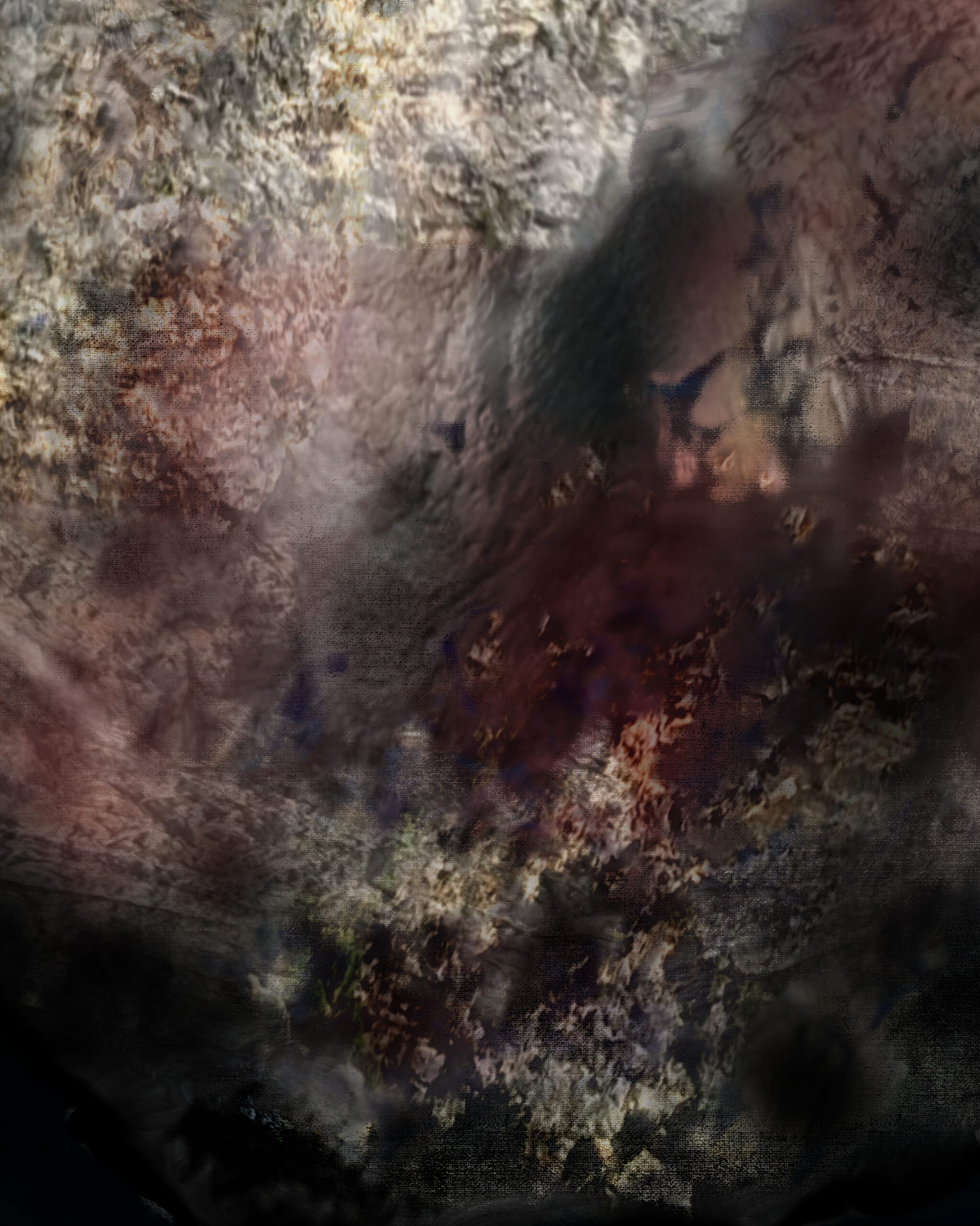 Lower-section detail of Fallen Song showing deep red strata, dark mineral textures, and layered digital glazes evoking the siren’s transformation into stone.