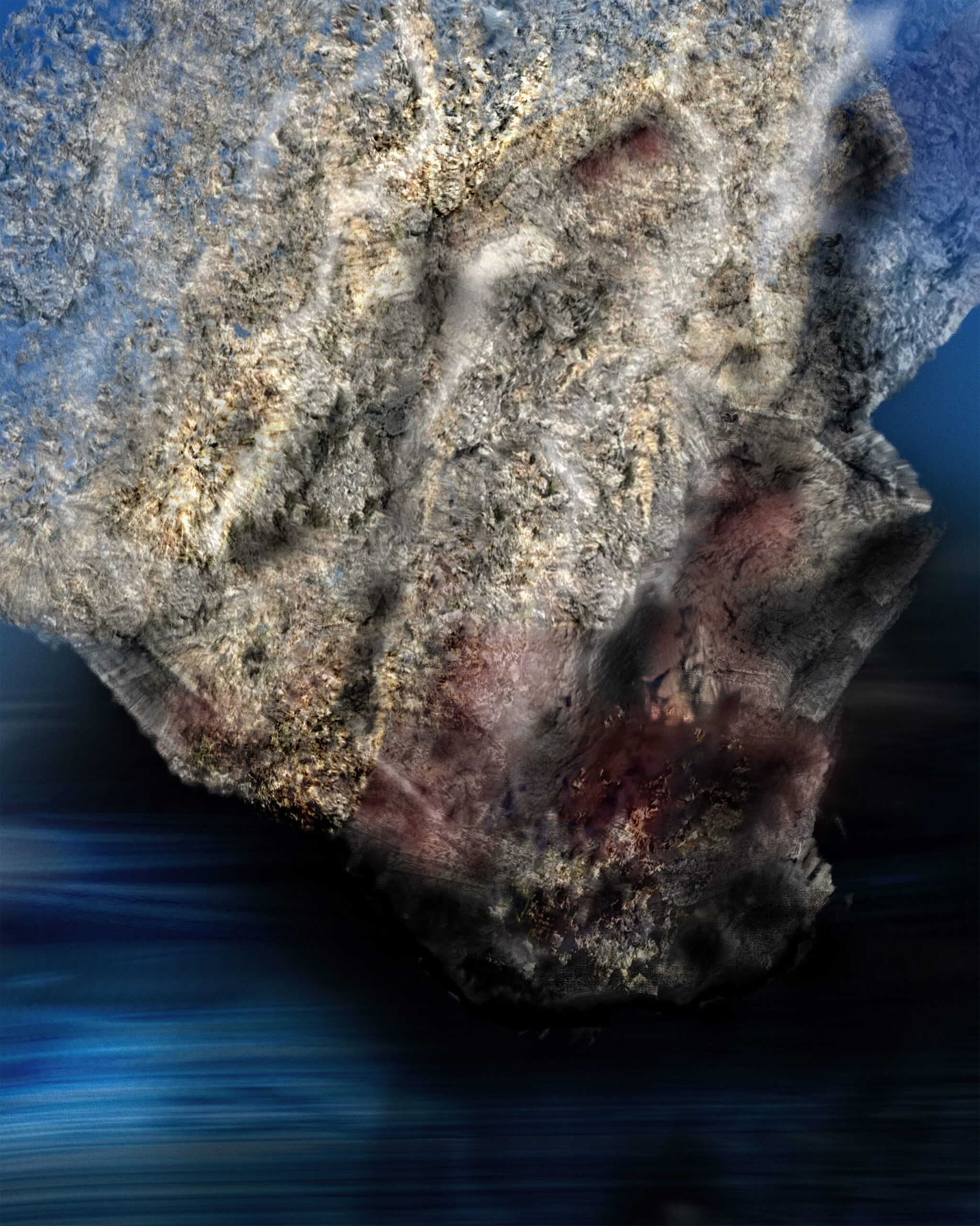 Abstract digital artwork titled Fallen Song showing a stone-like form suspended above deep blue water. Layers of mineral textures, muted reds, and diffused light suggest the moment when the siren Leucosia turns into stone. Digital glazes create the illusion of stone, water, and air merging.