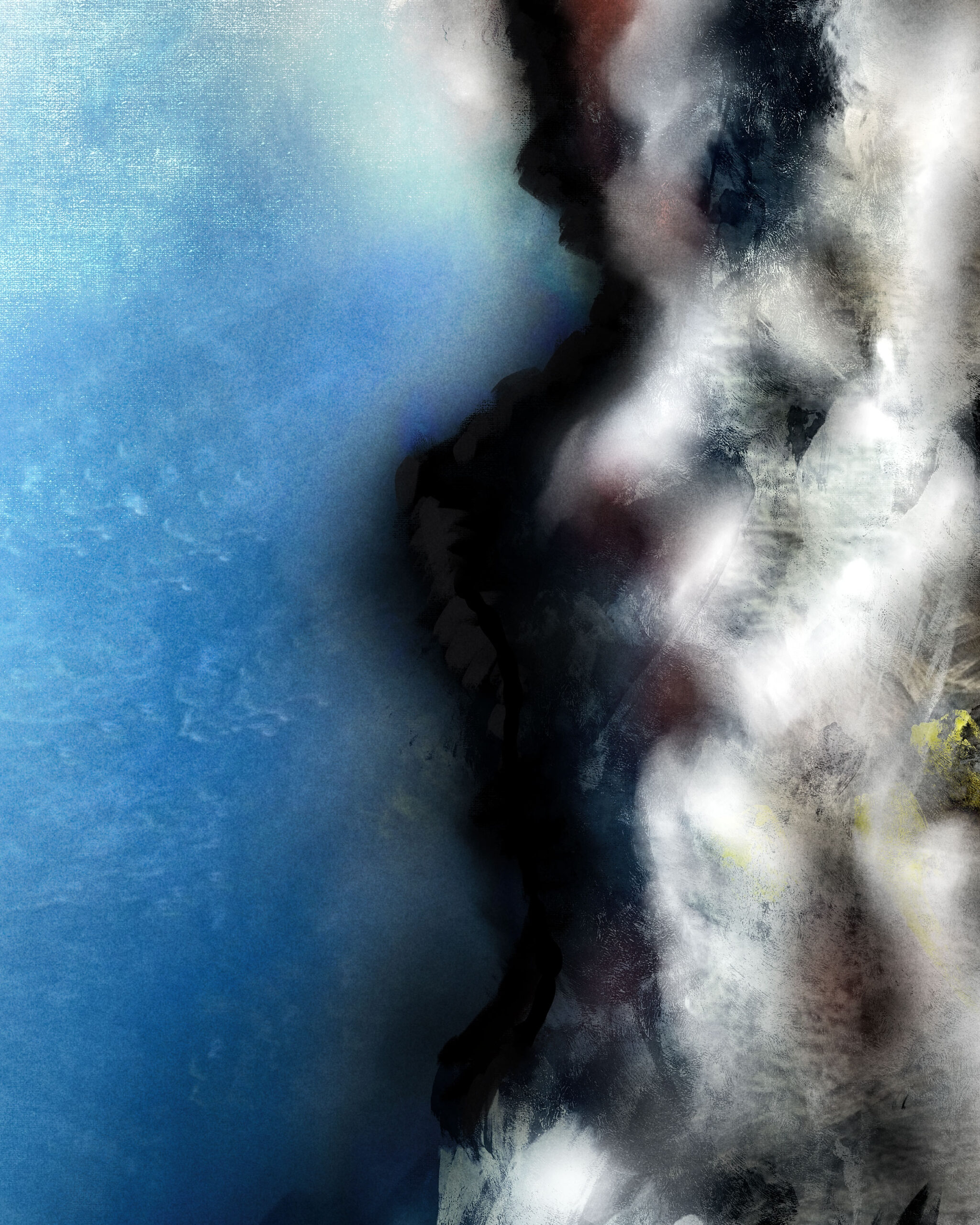 close-up detail of Leucosia artwork showing blurred vertical forms and contrasting dark contours