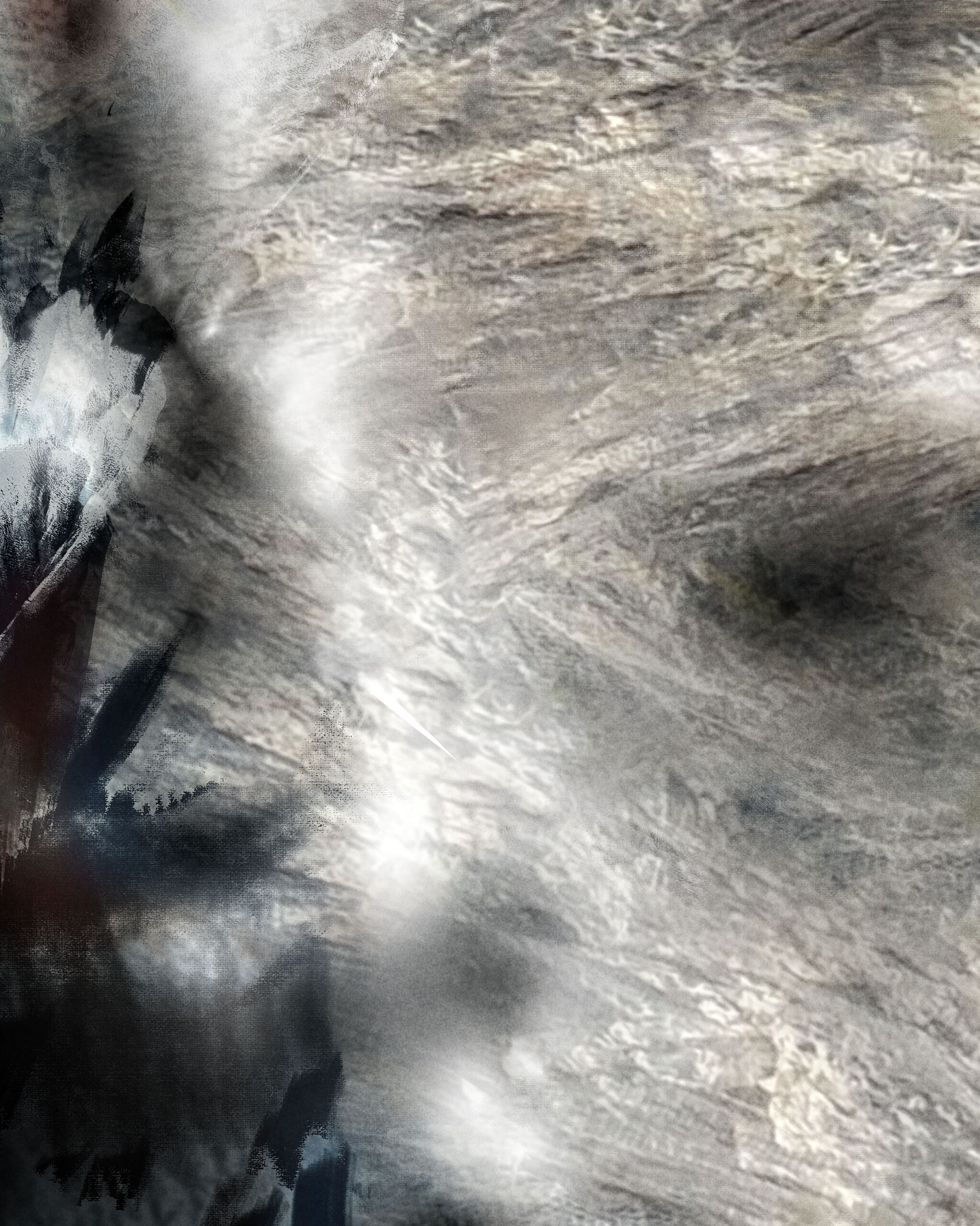 close-up detail of Leucosia artwork showing layered stone textures and soft white streaks