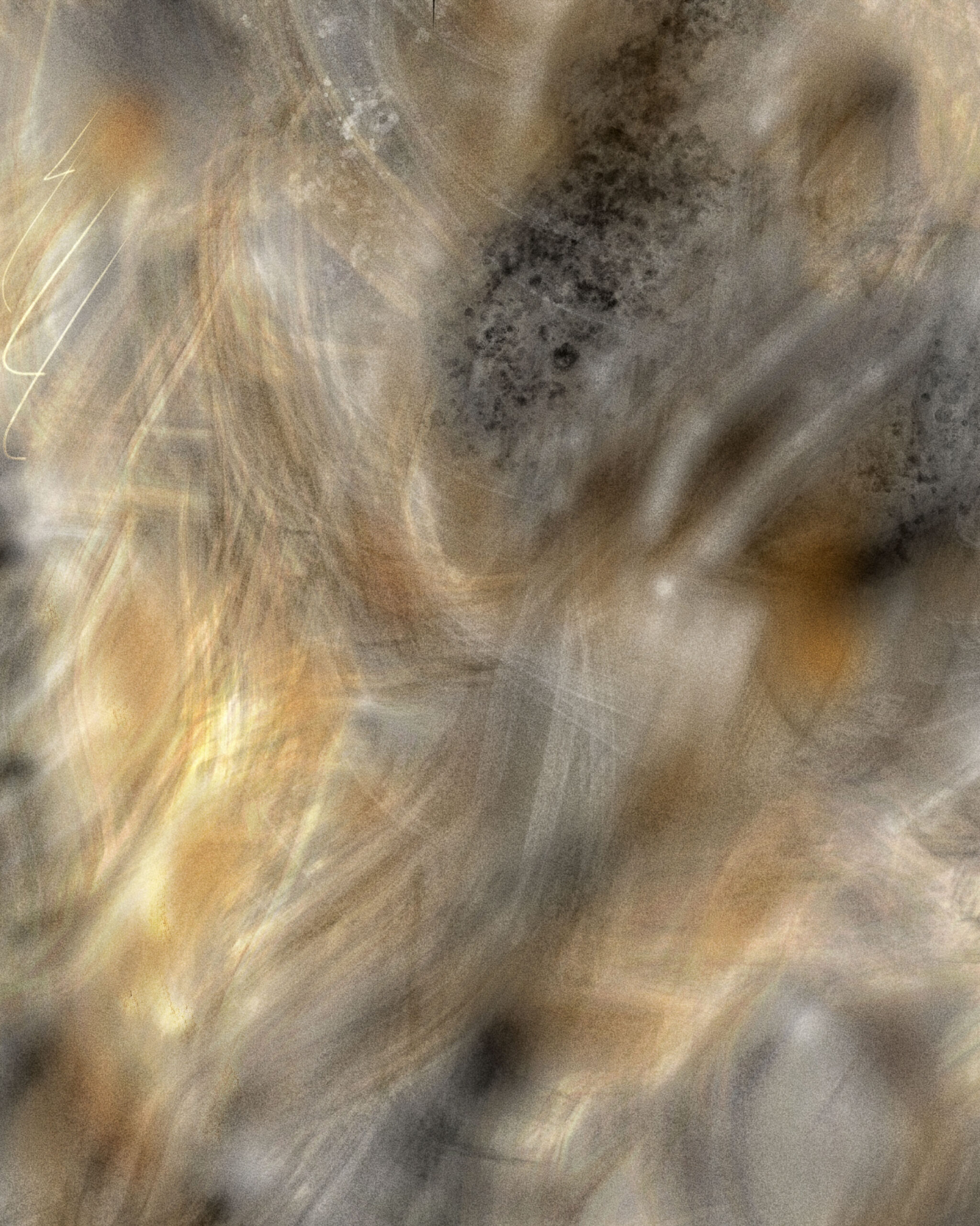 Abstract detail from Ligea Digital Art, showing layered textures in muted gold and grey with diffused light and soft atmospheric movement.