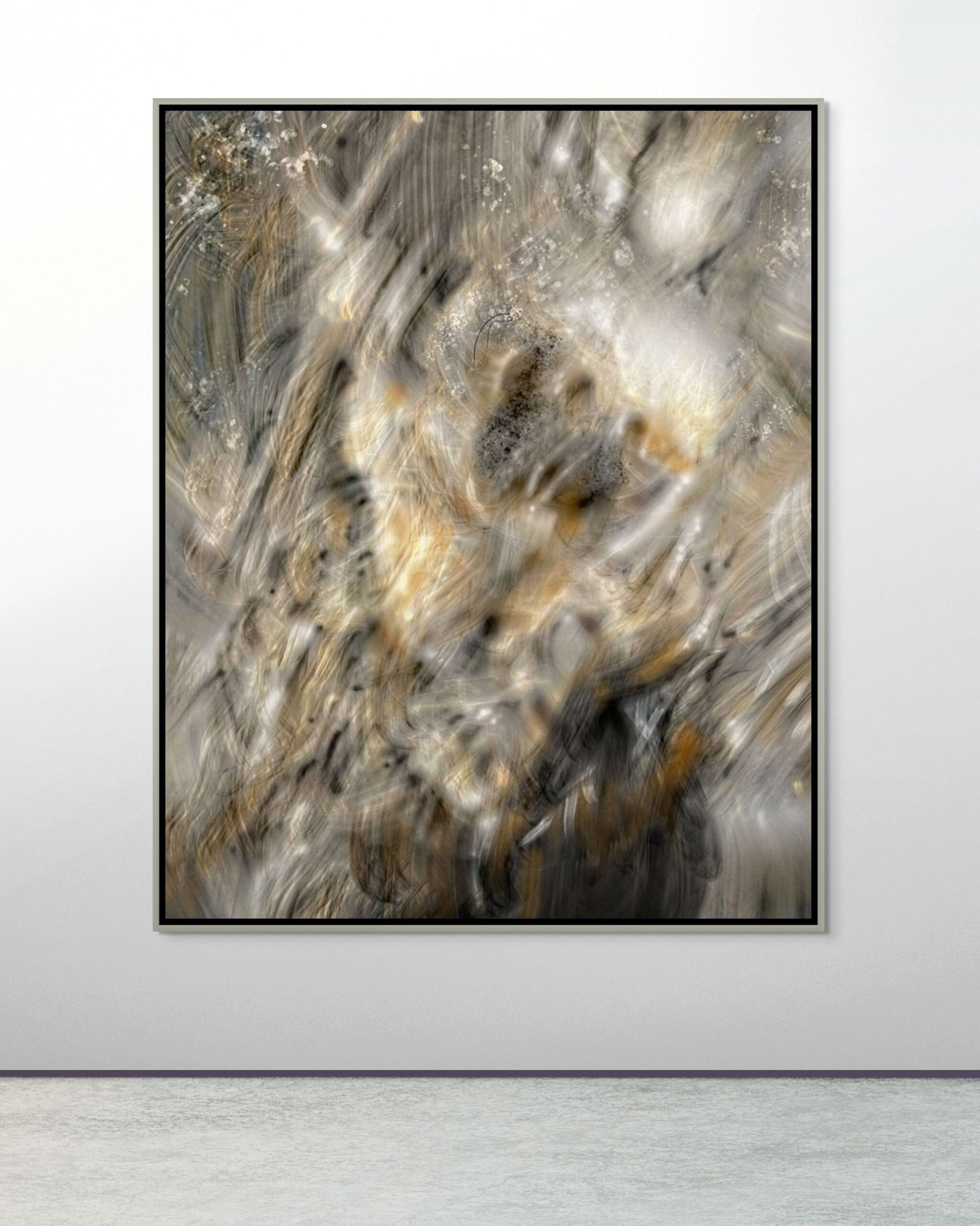 Framed mockup of Ligea Digital Art displayed on a gallery wall, showing the abstract gold and grey textures from the Siren Digital Art Series.