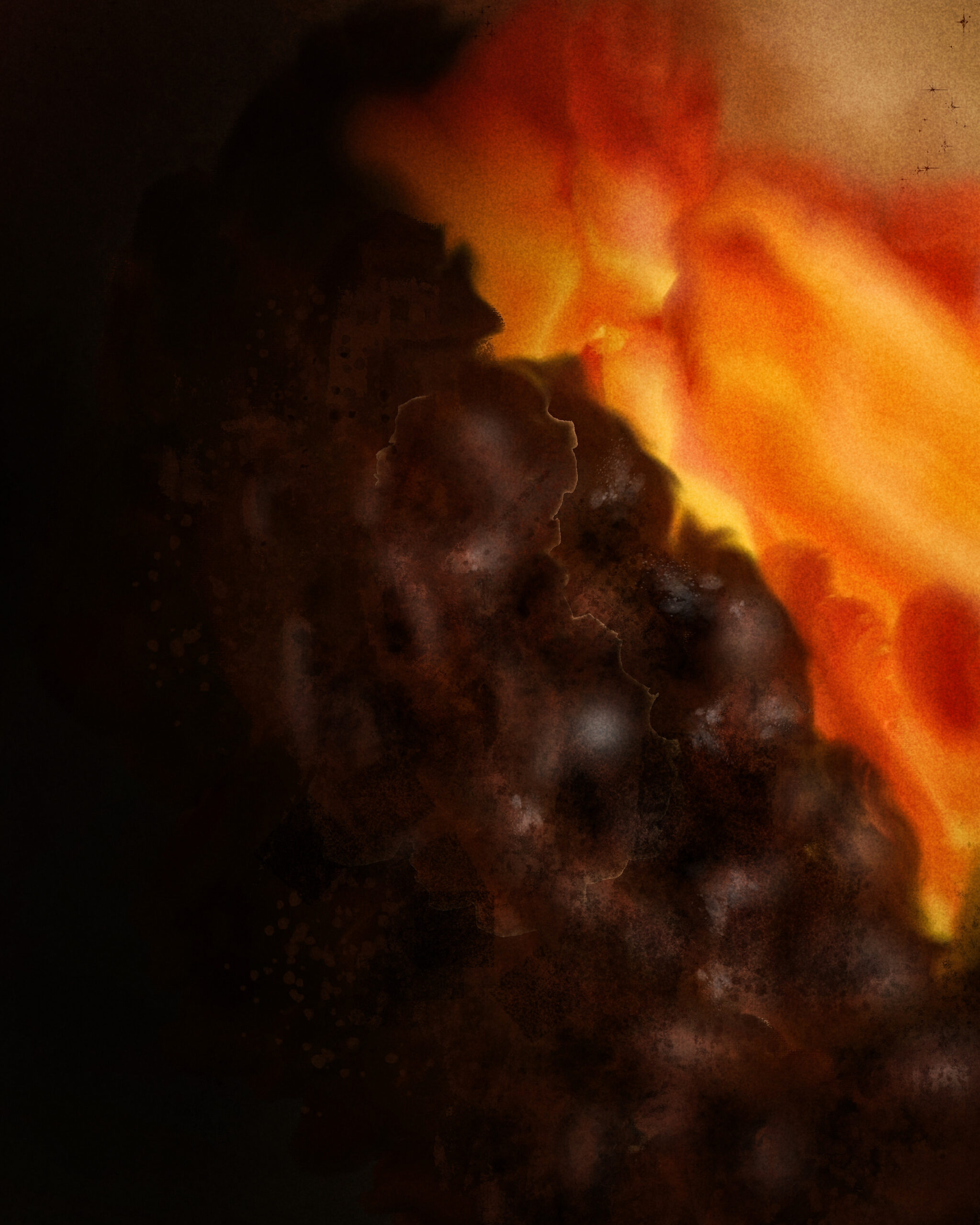 Close-up detail from Molten Rupture, revealing fractured glow, mineral intensity, and textural depth. Part of the Telluric Forms series, this digital artwork is available as a limited edition fine art print.