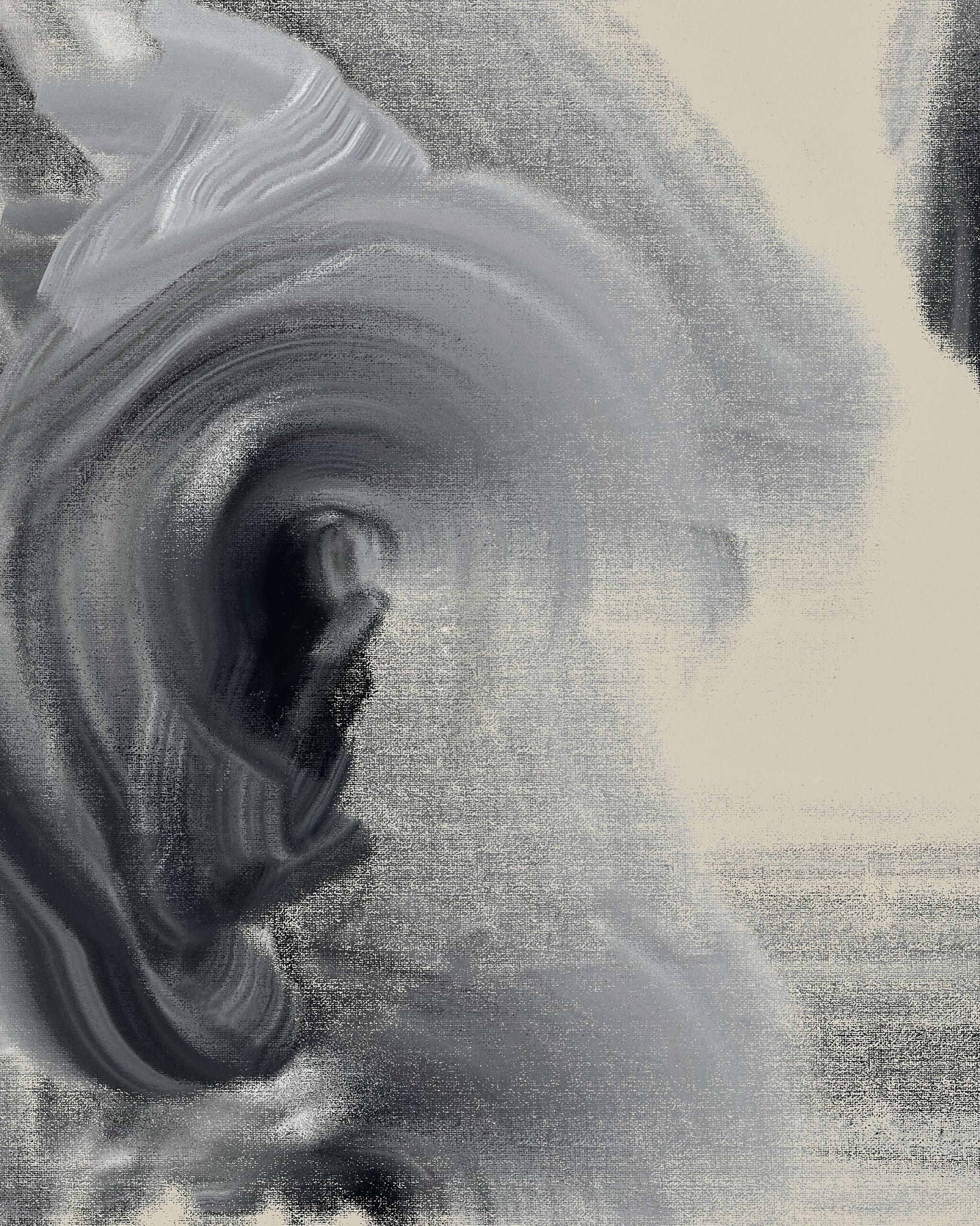 Detail of Paradox Ma I abstract digital artwork, gestural monochrome composition exploring Ma as active interval in the Paradox series by Denis Leclerc