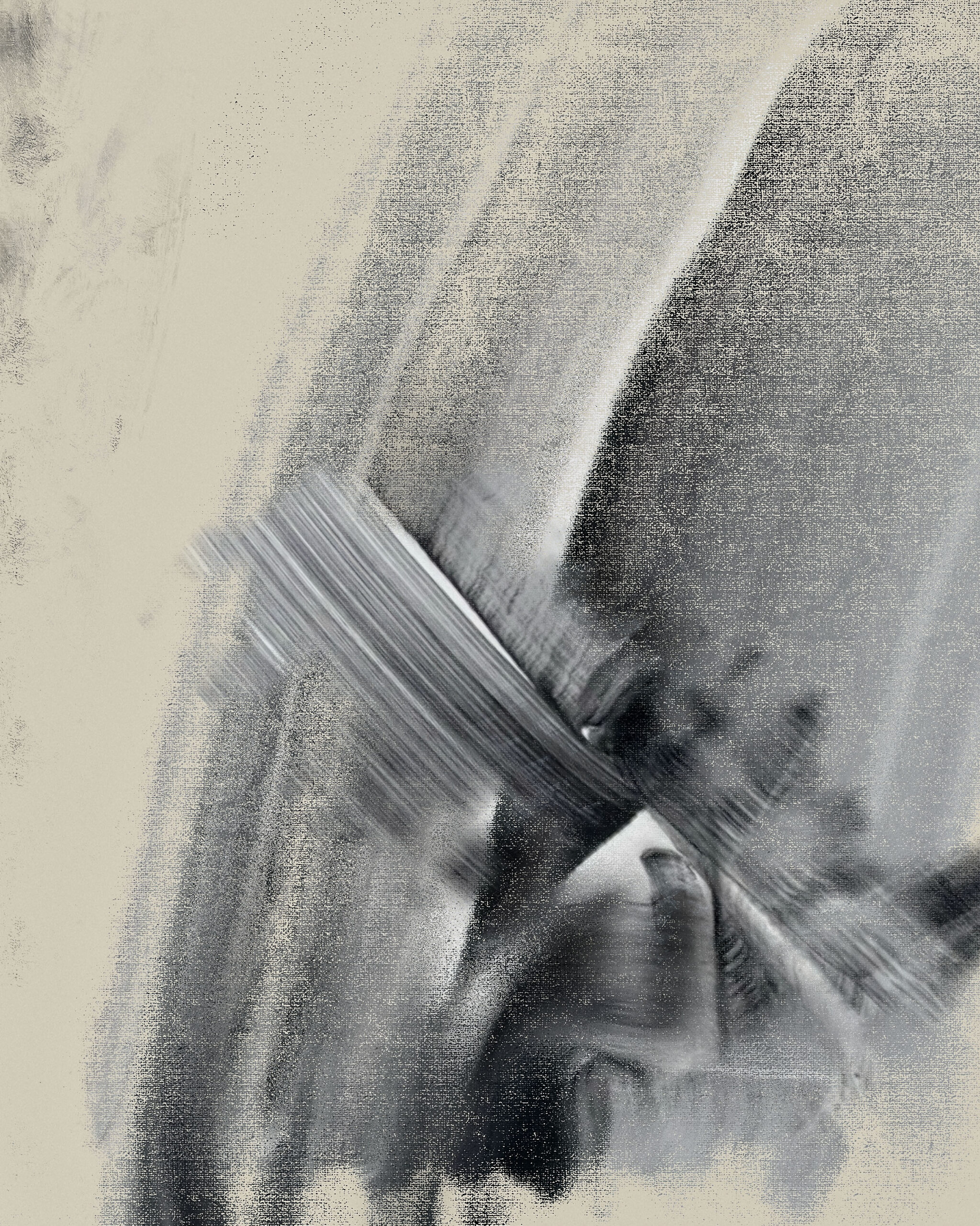 Detail of Paradox Ma I abstract digital artwork, layered gestural movement and tonal restraint within the Paradox series by Denis Leclerc