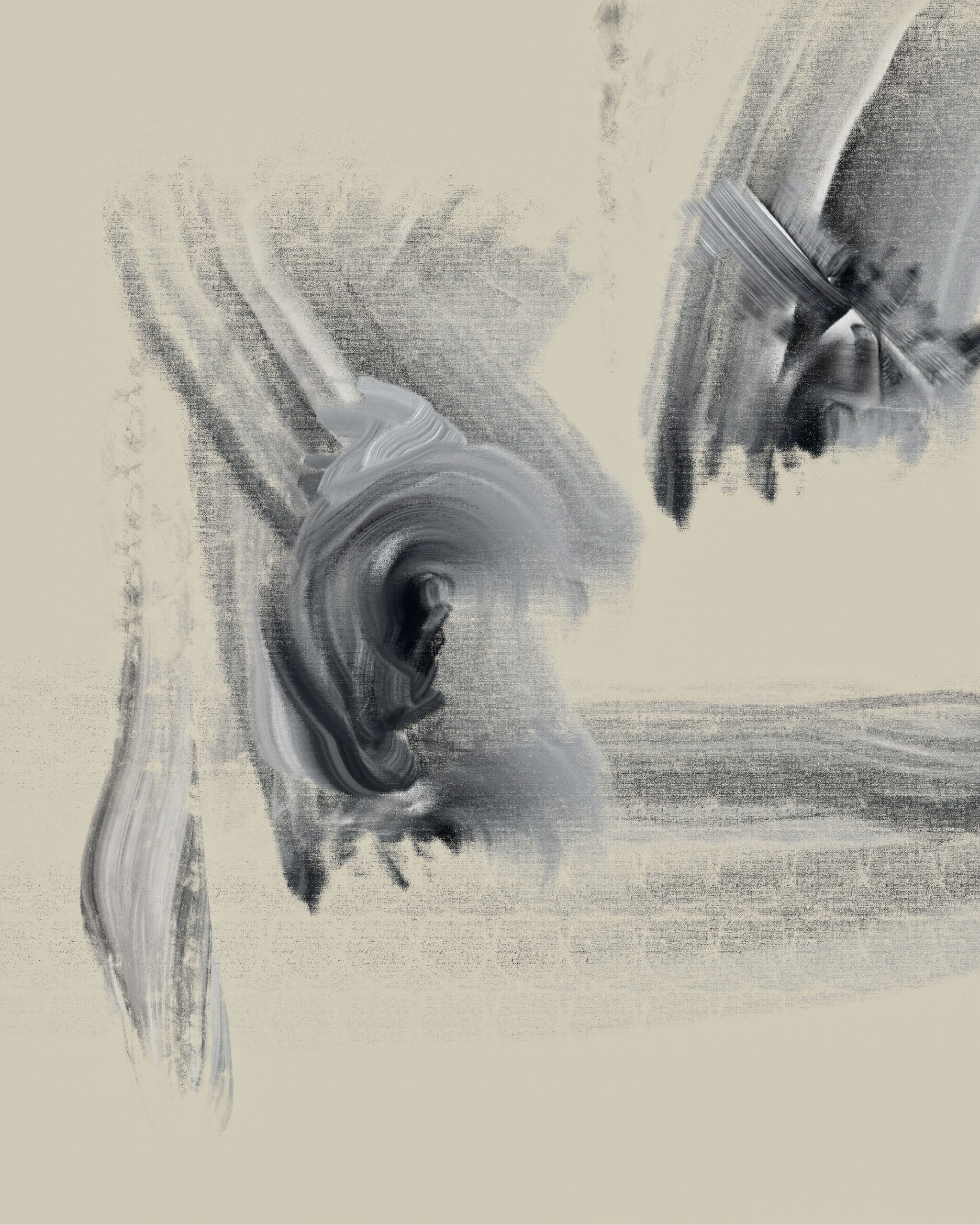 Paradox Ma I abstract digital artwork in muted grey tones with suspended gestural movement and textured surface