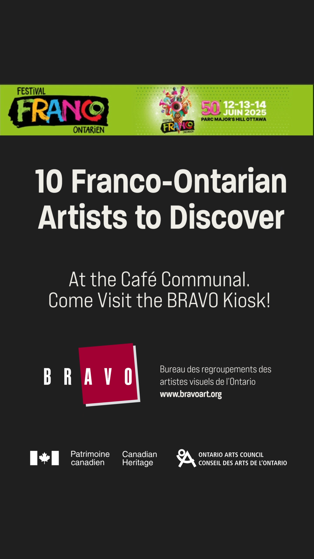 Instagram reel video presenting artworks by 10 Franco-Ontarian artists featured by BRAVO at the Festival Franco-Ontarien 2025.
