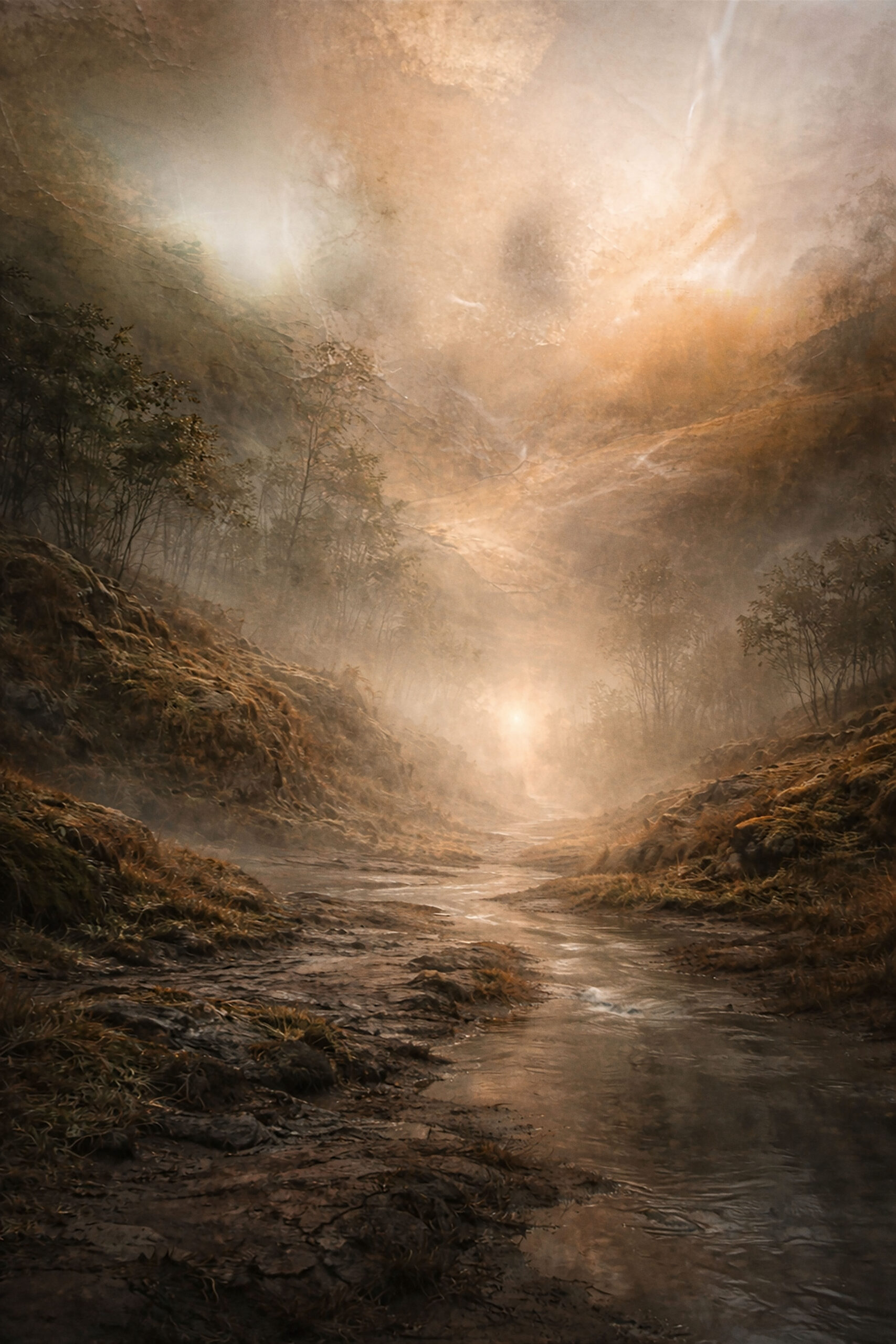 Ur I Derived Landscape digital artwork emerging from the abstract Ur I, where dense matter briefly becomes legible as an artscape while preserving the original chromatic tension