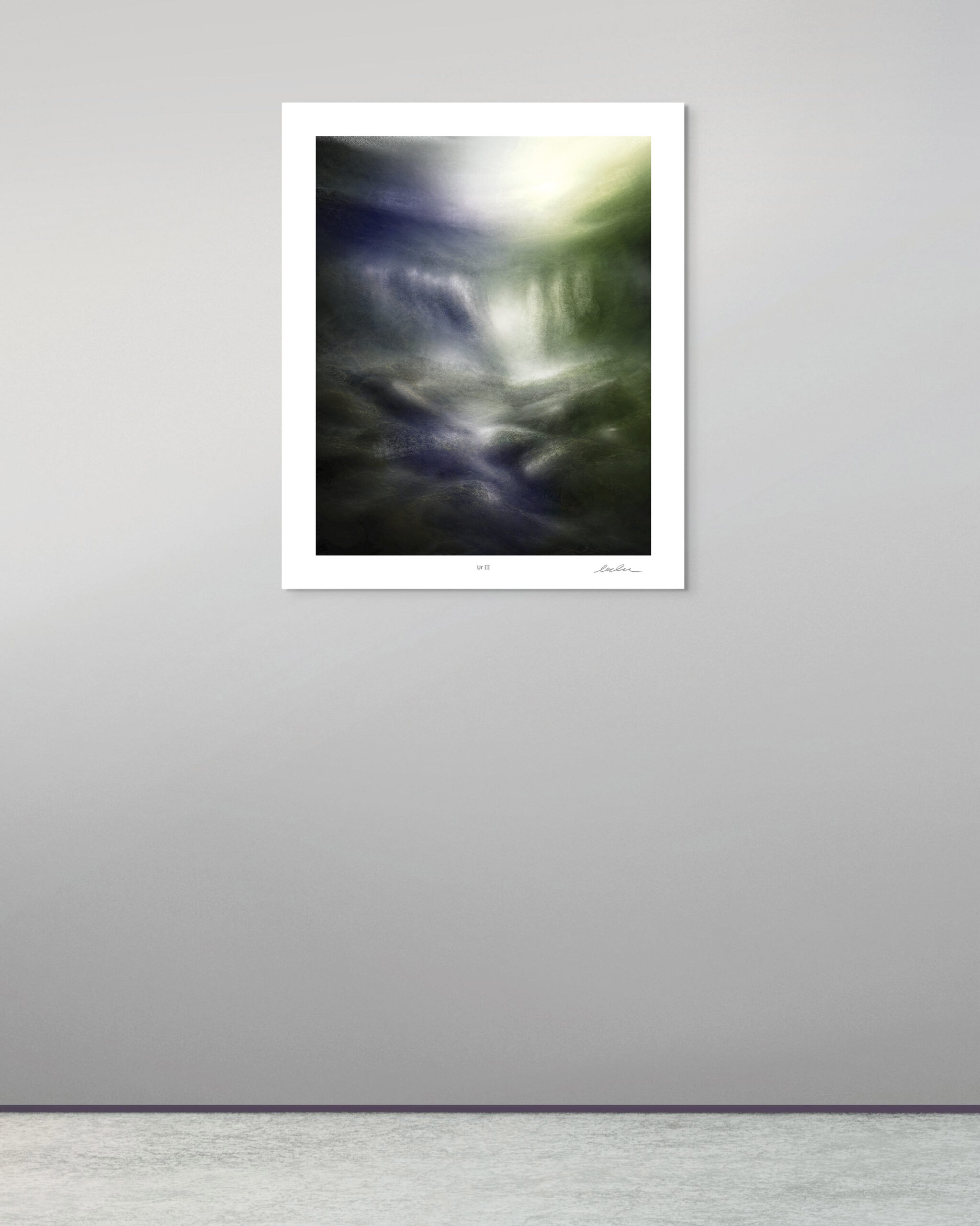 Ur III digital artwork displayed in a minimalist interior, emphasizing the work as a quiet, anchoring presence rather than decorative image