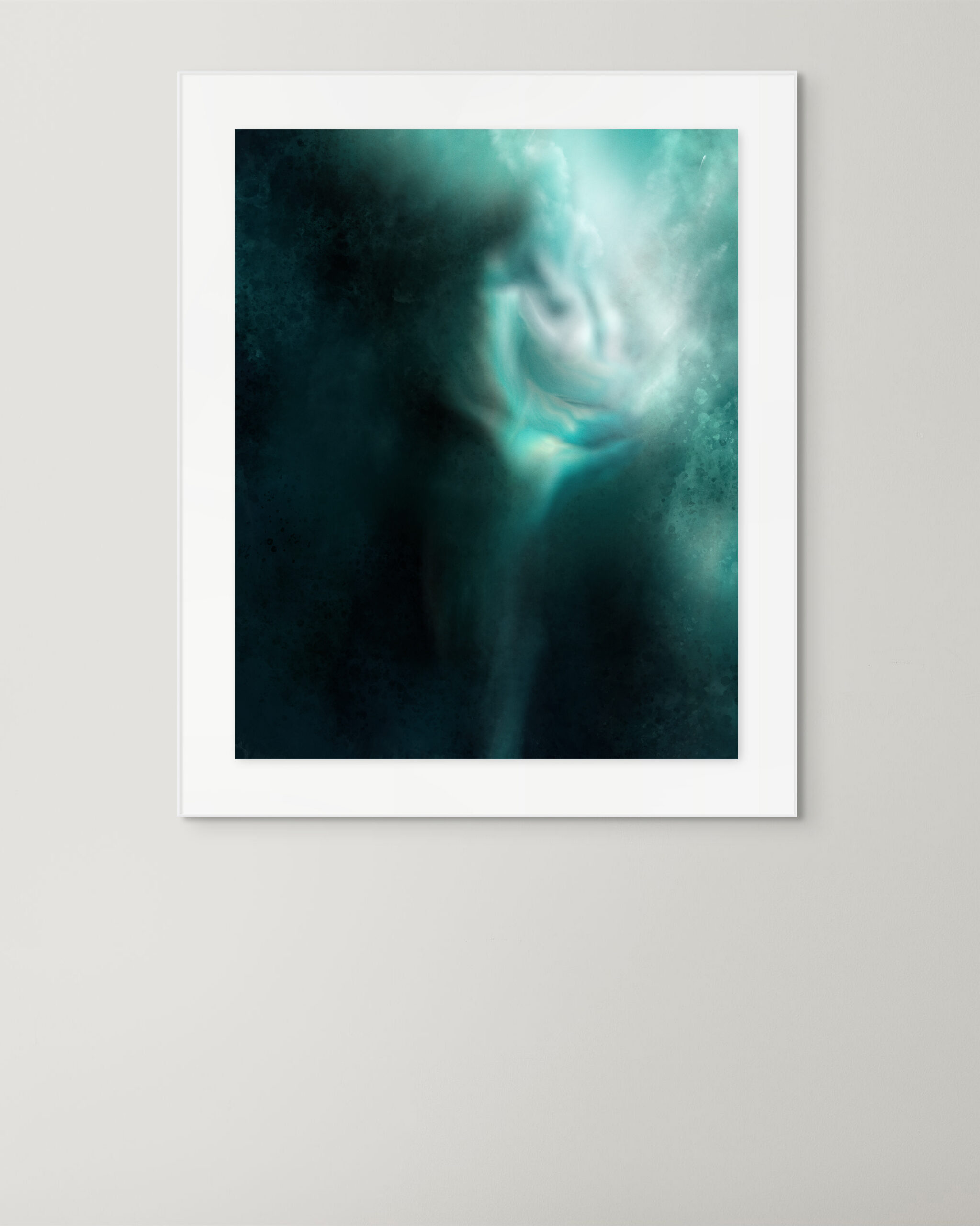 Framed simulation of the artwork Abyss Vein by Denis Leclerc, showing a turquoise abstract form emerging from black, displayed against a neutral wall.