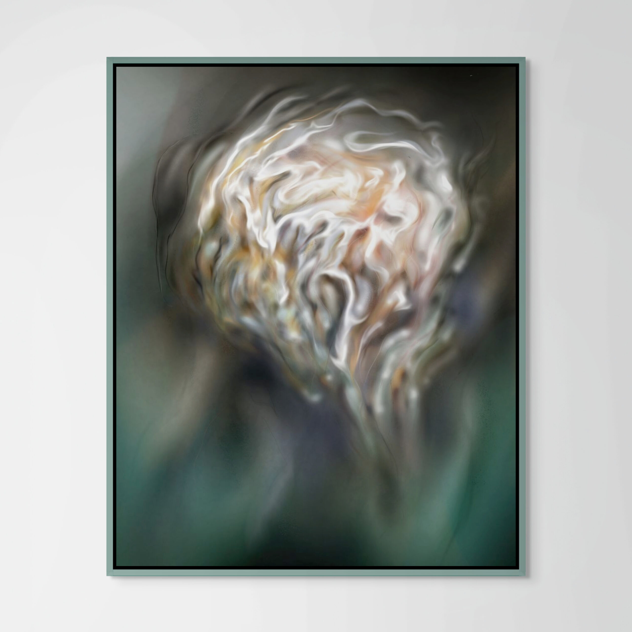 Framed digital artwork Cevenant by Denis Leclerc, from the Emergence series, showing abstract veils and forms resembling brain gyri.