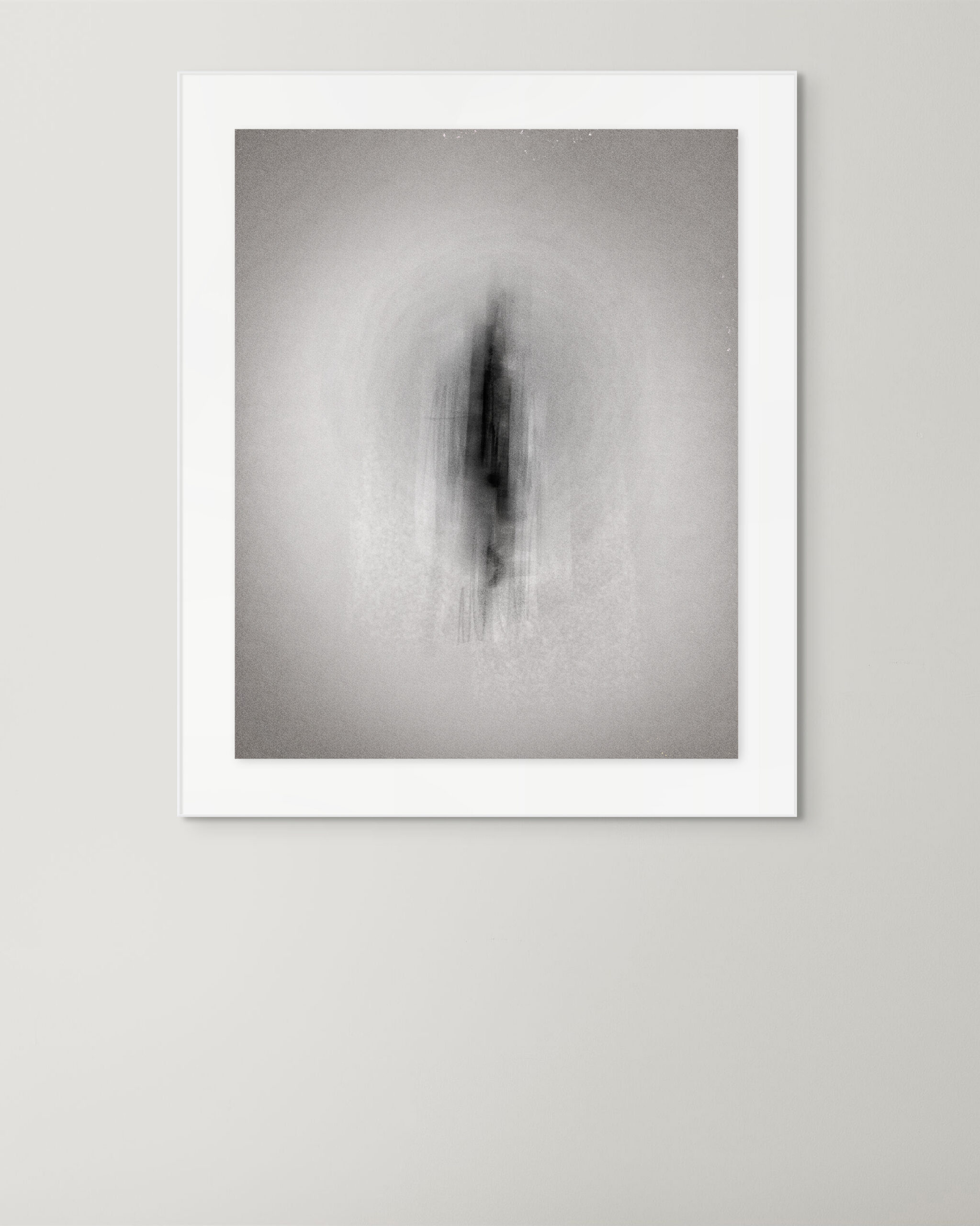 Framed view of the digital artwork Compression Field by Denis Leclerc, displayed in a minimalist room setting.