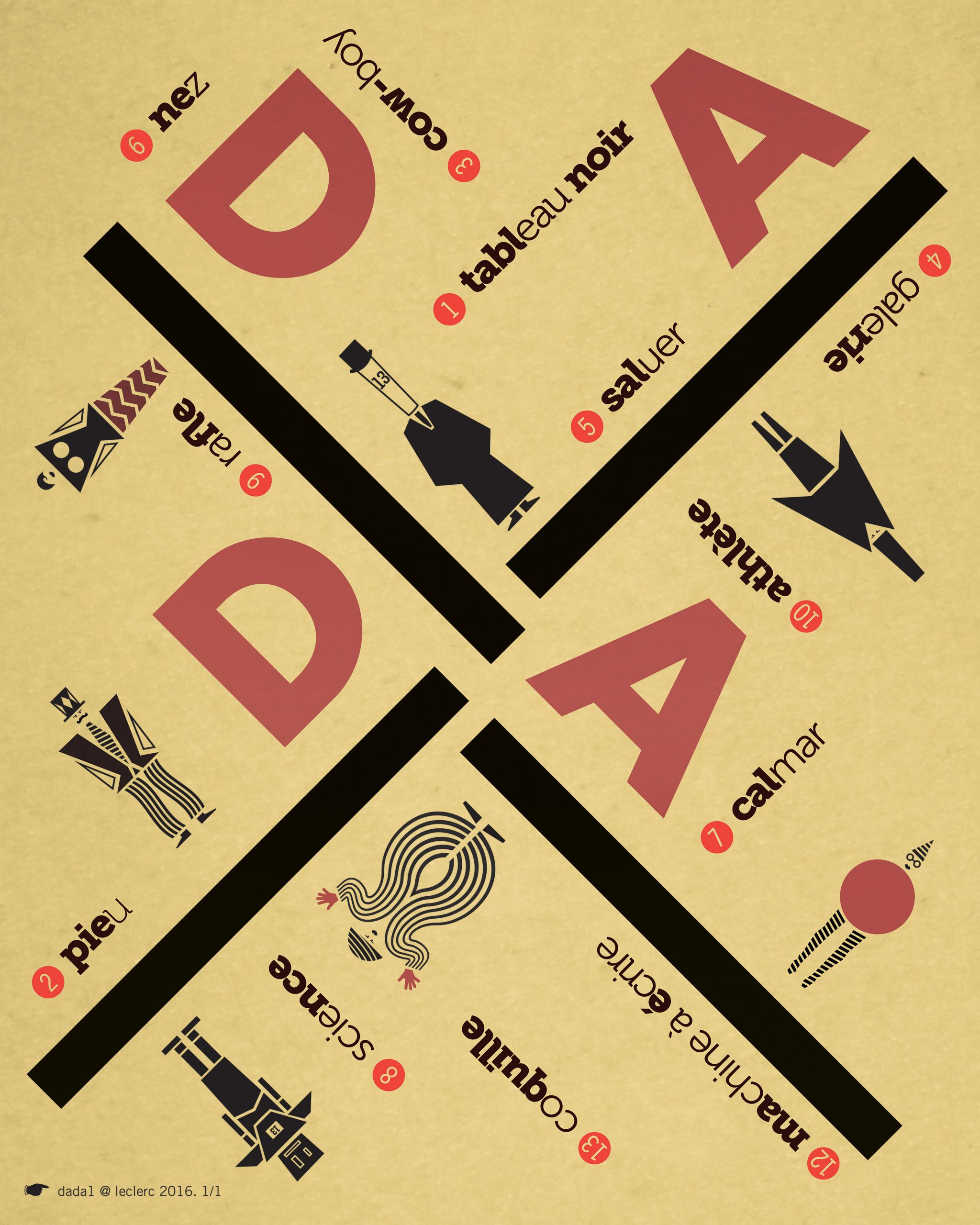 Dada 2. A composition of letterforms, rules, words and silhouettes of Dada's stage costumes.