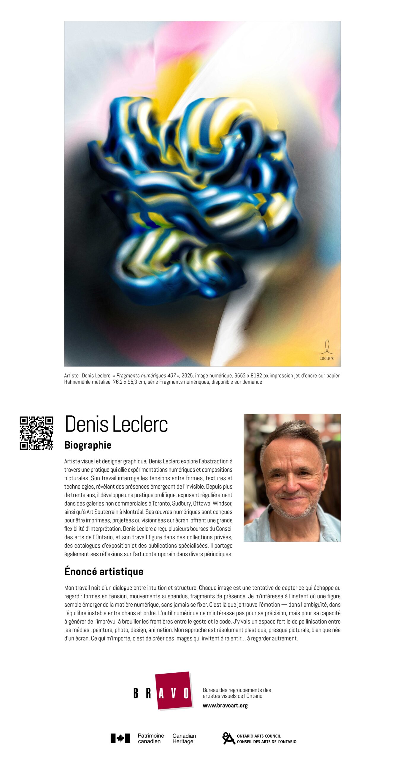 Festival banner featuring Denis Leclerc’s artwork Fragments numériques 407, artist portrait, biography and artistic statement in French, presented by BRAVO at the Festival Franco-Ontarien 2025.
