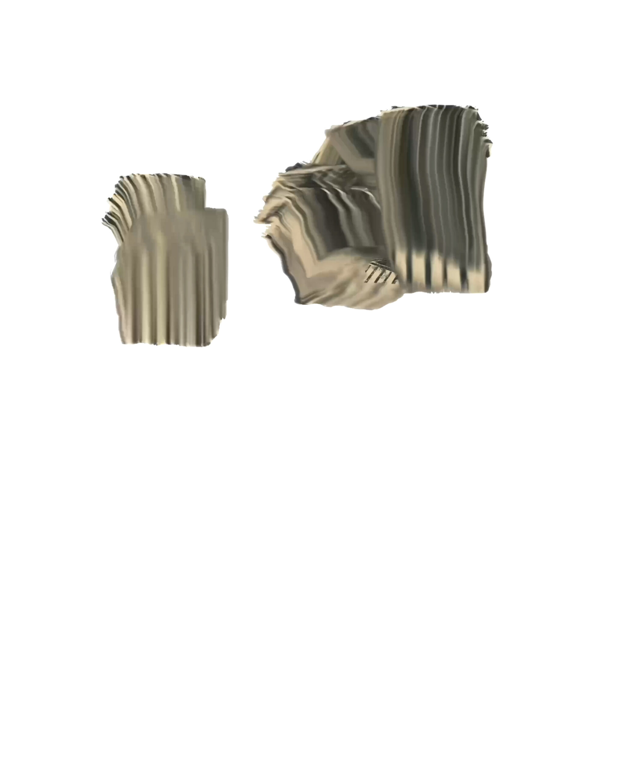 Deux formes abstraites aux textures striées flottent sur fond blanc. Image préliminaire de l’œuvre numérique Digital Fragments 418 par Denis Leclerc, illustrant une étape initiale du processus de création.