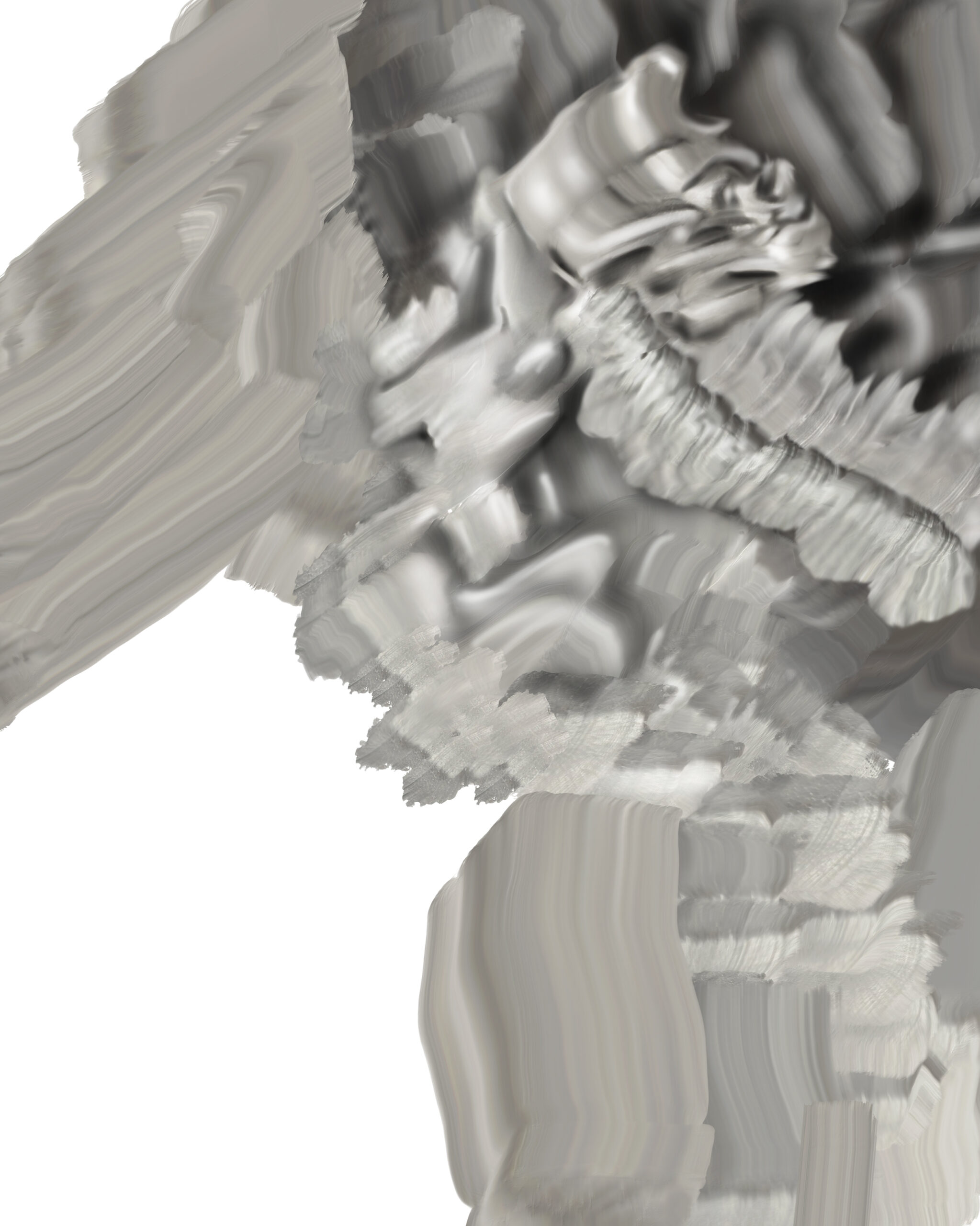 Digital Fragments 419 by Denis Leclerc, progressive abstract digital artwork showing early stage with fluid ribbon-like forms and emerging column structure.