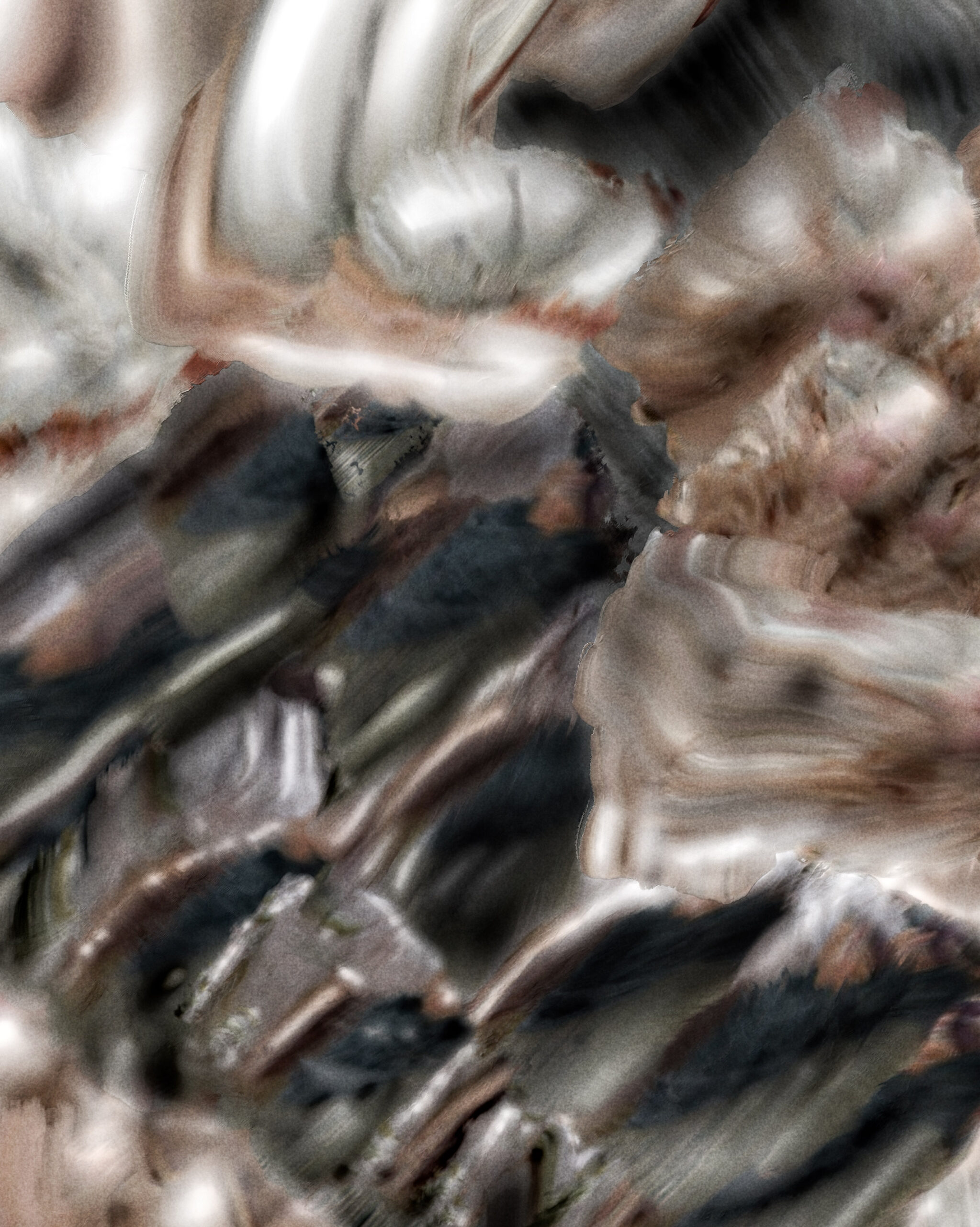 Close-up detail of Digital Fragments 420 by Denis Leclerc, showing layered strokes and textured surface with muted greys, blushes, and black highlights.