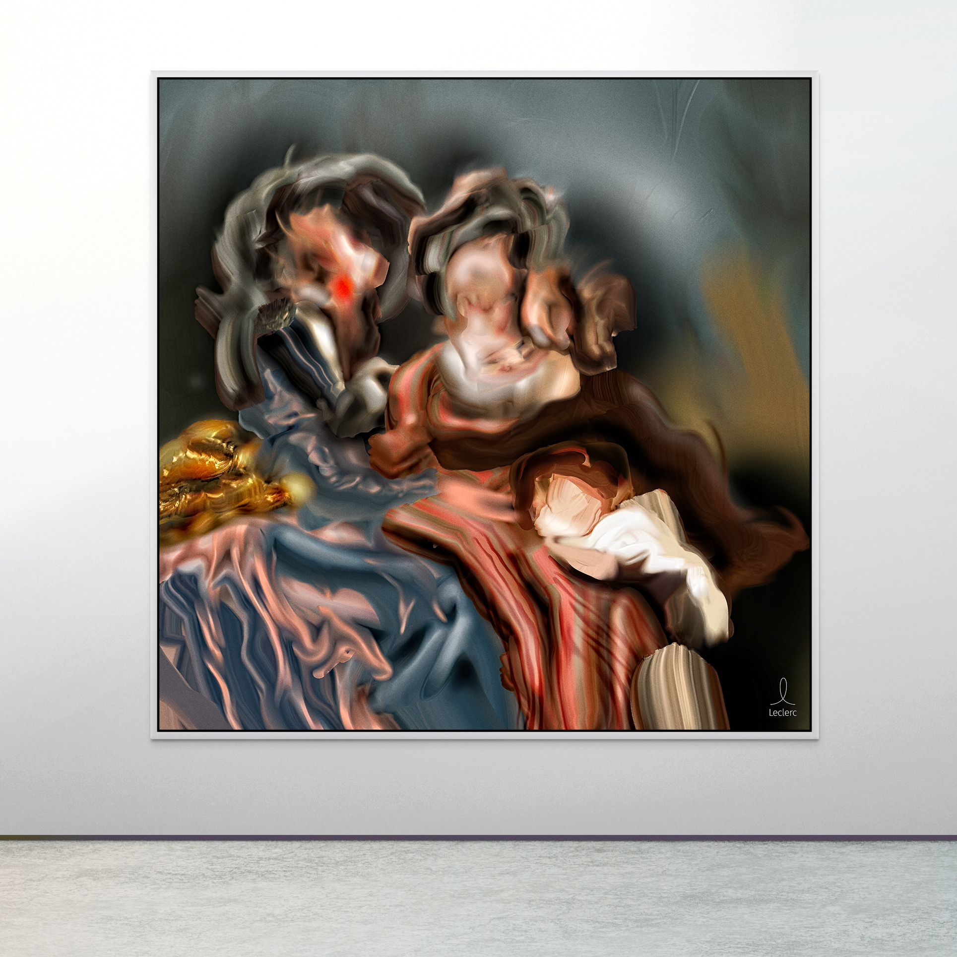 Framed print of Digital Fragments 351 by Denis Leclerc – abstract reinterpretation of Vigée Le Brun’s La Marquise de Pezay et la Marquise de Rougé, displayed in a gallery setting.