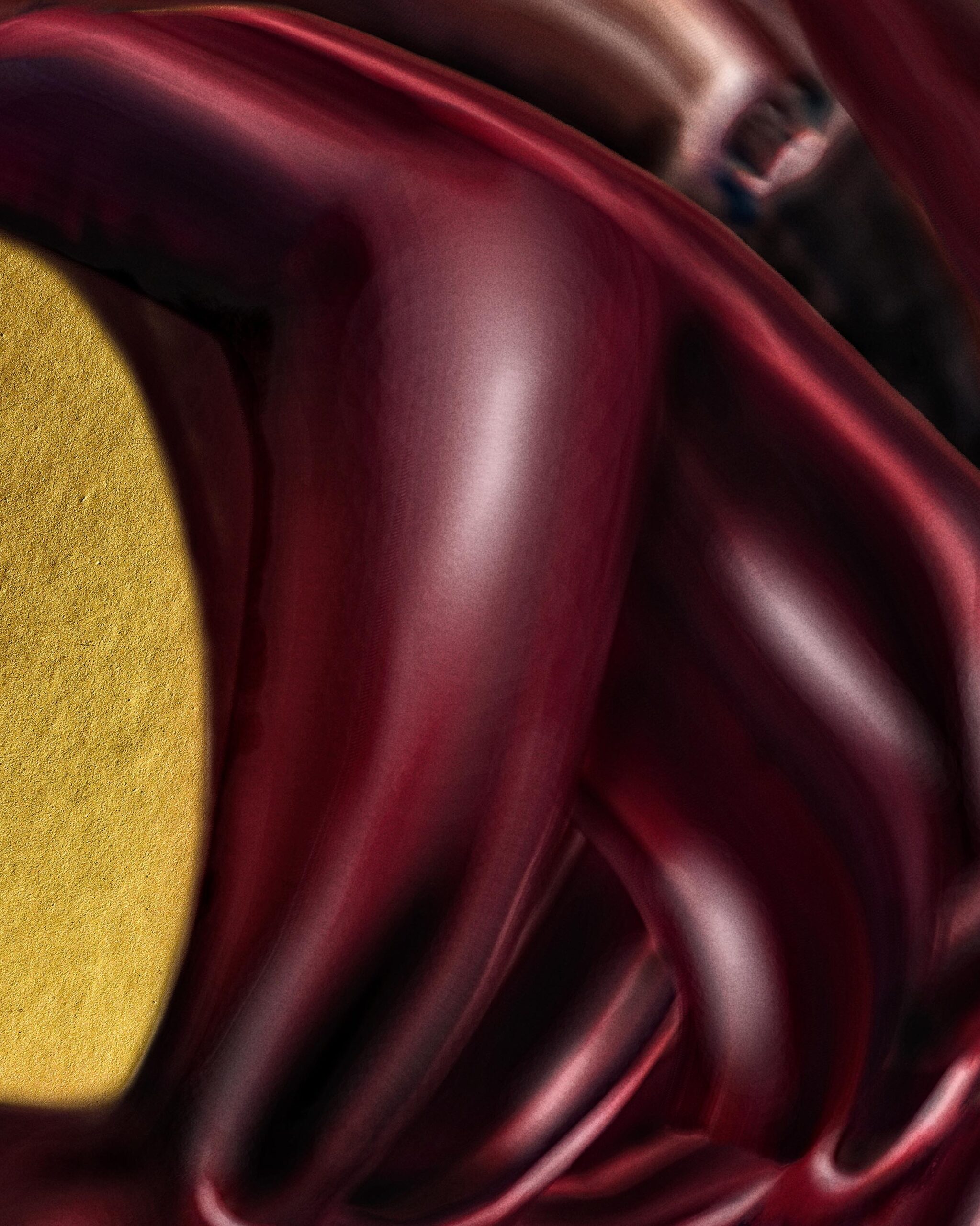 A close-up of an abstract digital artwork featuring deep burgundy, fluid organic forms with a glossy texture against a textured gold background. The details emphasize the interplay of light and shadow, highlighting the depth and richness of the composition. Part of the Golden Rule series.