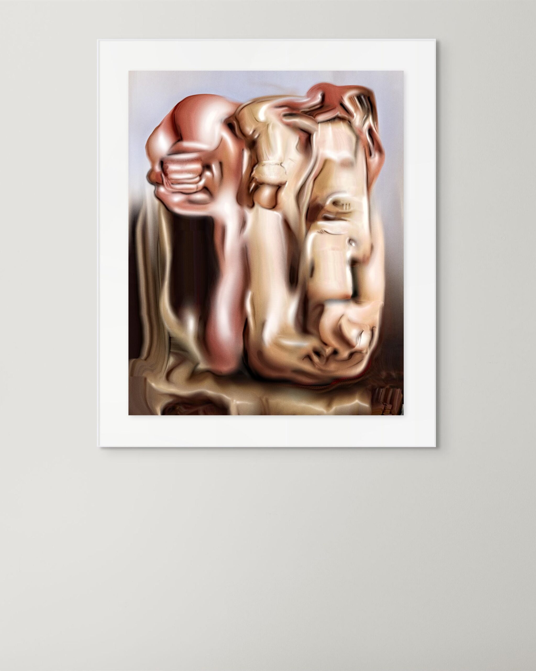Framed print of Digital Fragments 412 by Denis Leclerc – abstract digital artwork in sculptural flesh tones, mounted on a wall