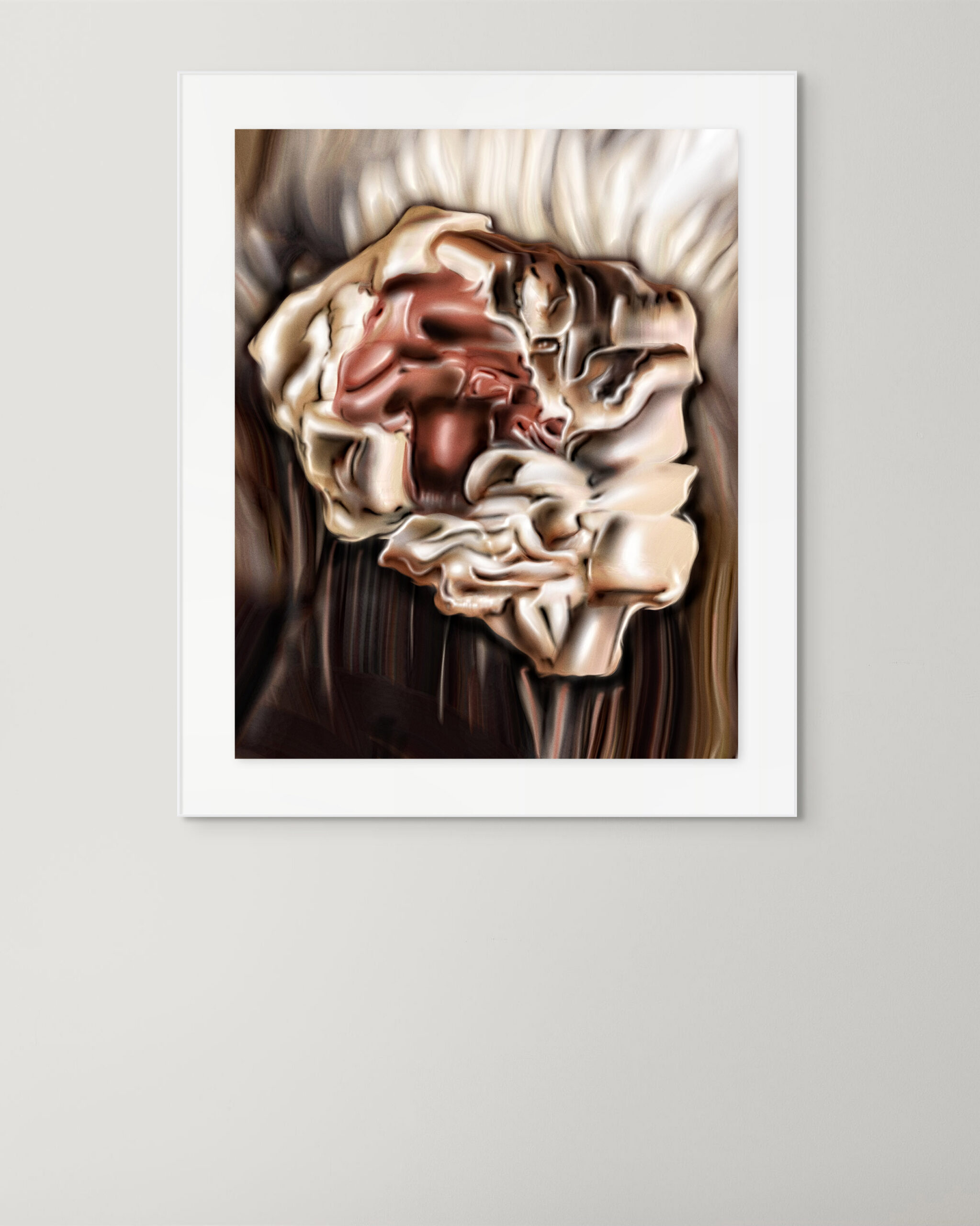 Framed mockup of Digital Fragments 413 by Denis Leclerc – abstract digital artwork displayed on a gallery-style wall – contemporary digital print in a white frame