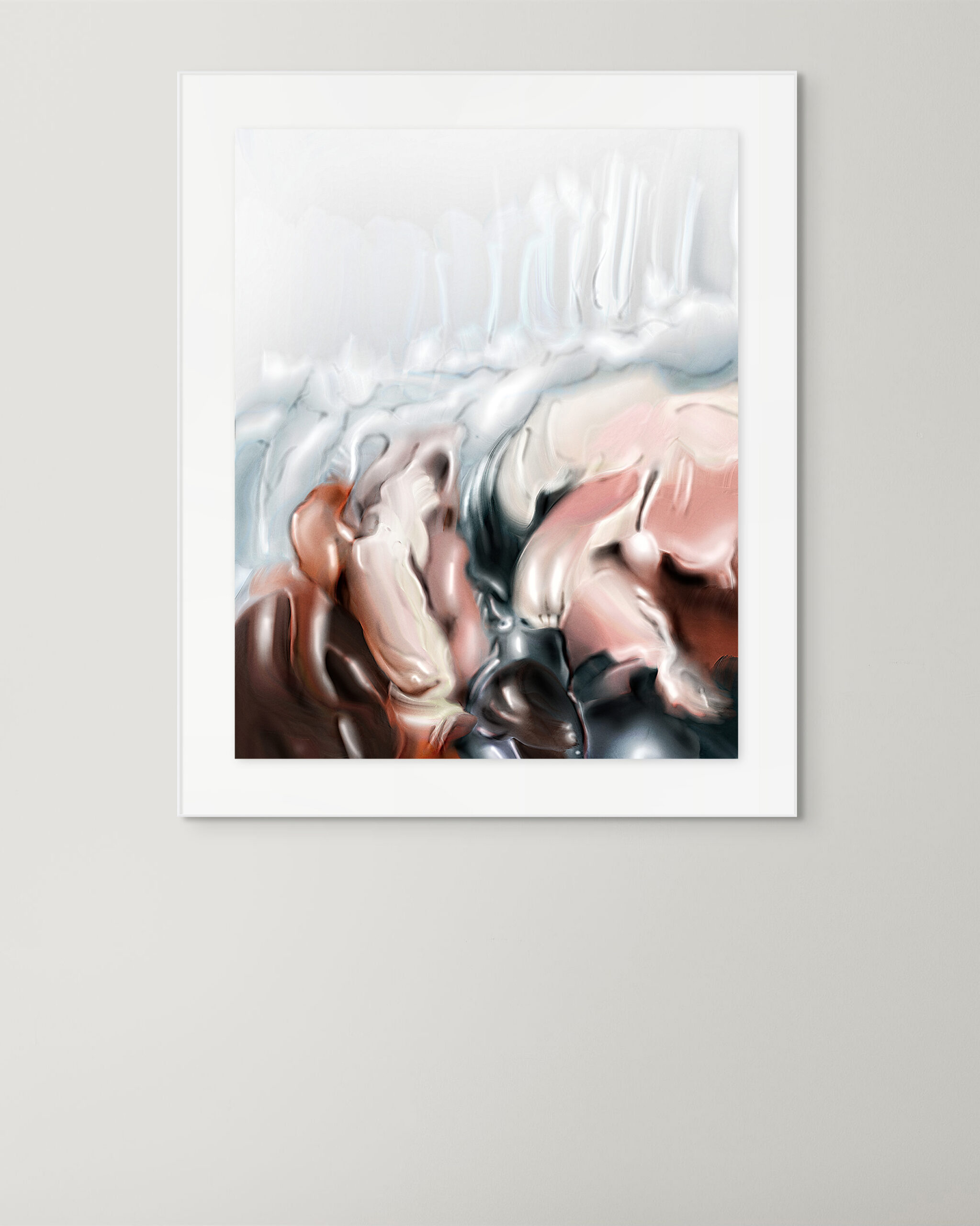 Framed view of Digital Fragments 415 by Denis Leclerc, displayed in a minimal setting. Abstract digital artwork in warm tones printed on metallic paper, shown with a white mat and black frame for exhibition or collector display.