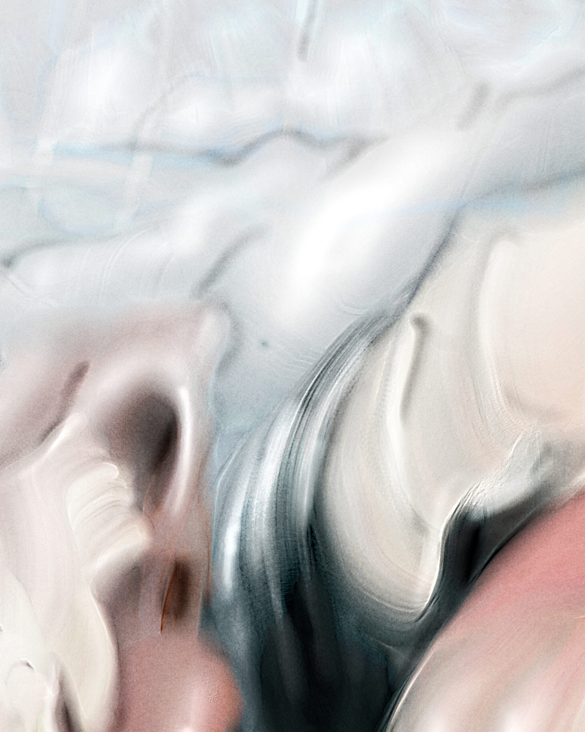 Close-up view of Digital Fragments 415, abstract digital artwork by Denis Leclerc. Soft transitions between peach, umber, and grey tones suggest skin, movement, and the sensation of memory. Part of a limited-edition print series on metallic paper.
