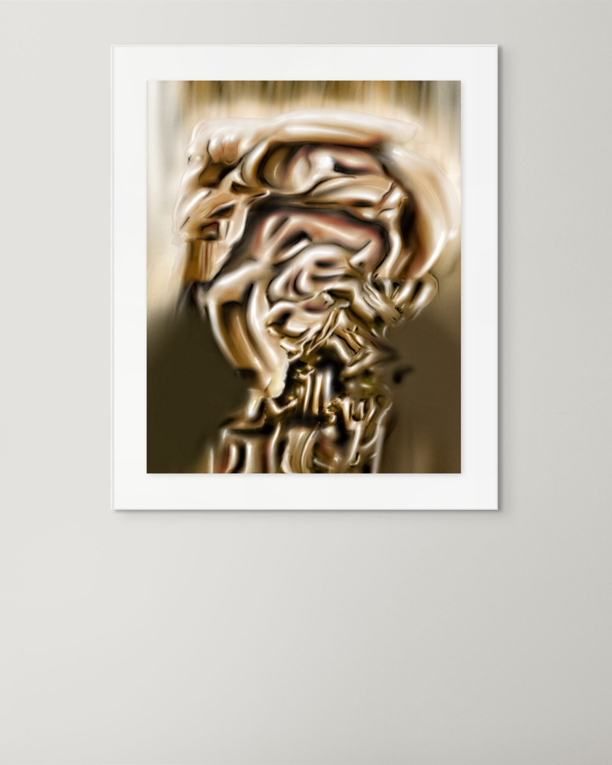 Framed artwork Digital Fragments 416 displayed on a neutral wall. The abstract composition features golden and bronze sculptural shapes in a vertical format. The setting emphasizes the piece’s scale, materiality, and presence in a gallery-like environment.