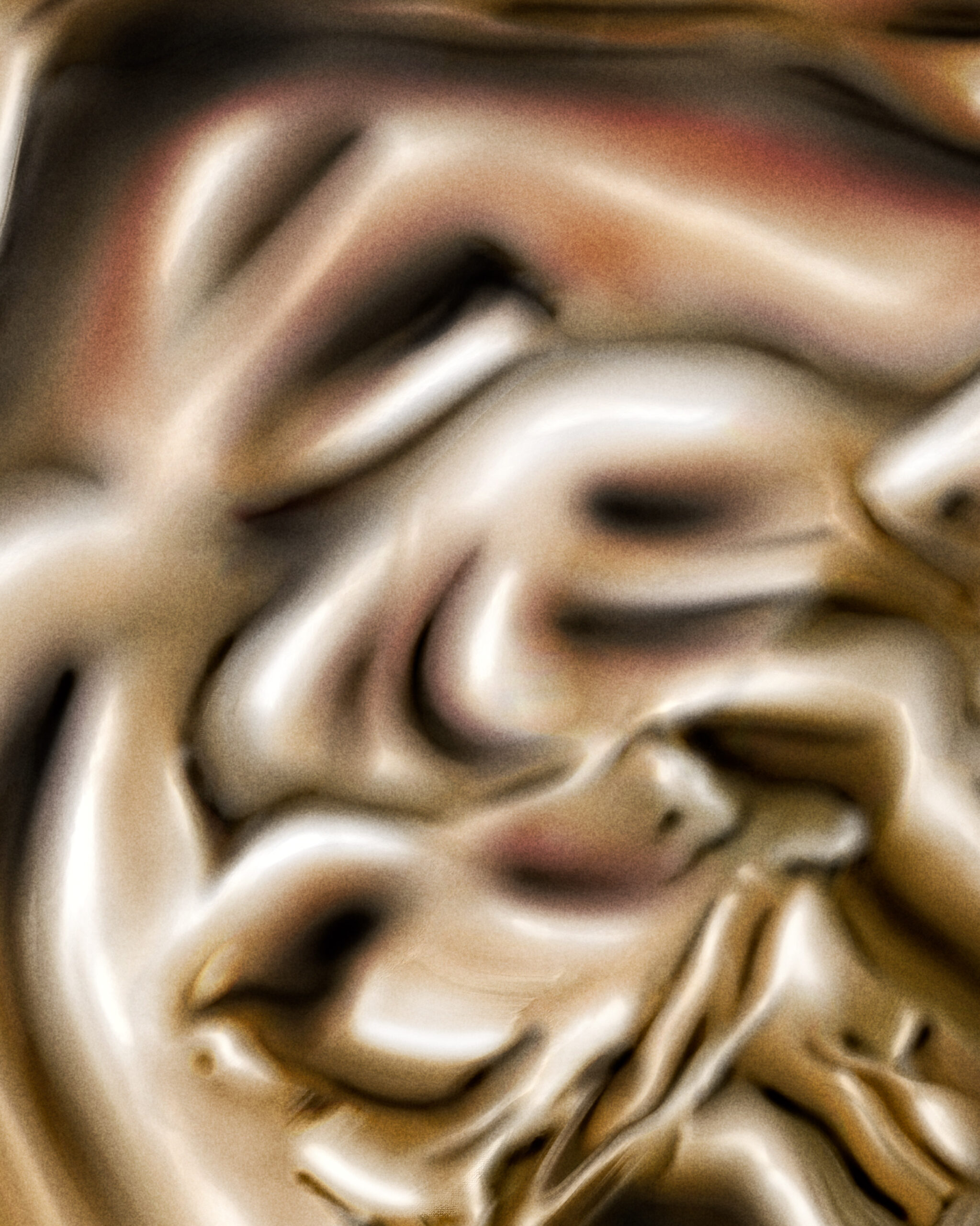 Close-up of Digital Fragments 416, showing smooth, interwoven shapes in golden and bronze tones. The details highlight soft folds and contours that evoke the impression of a partially formed human figure, emerging from a dense digital surface.