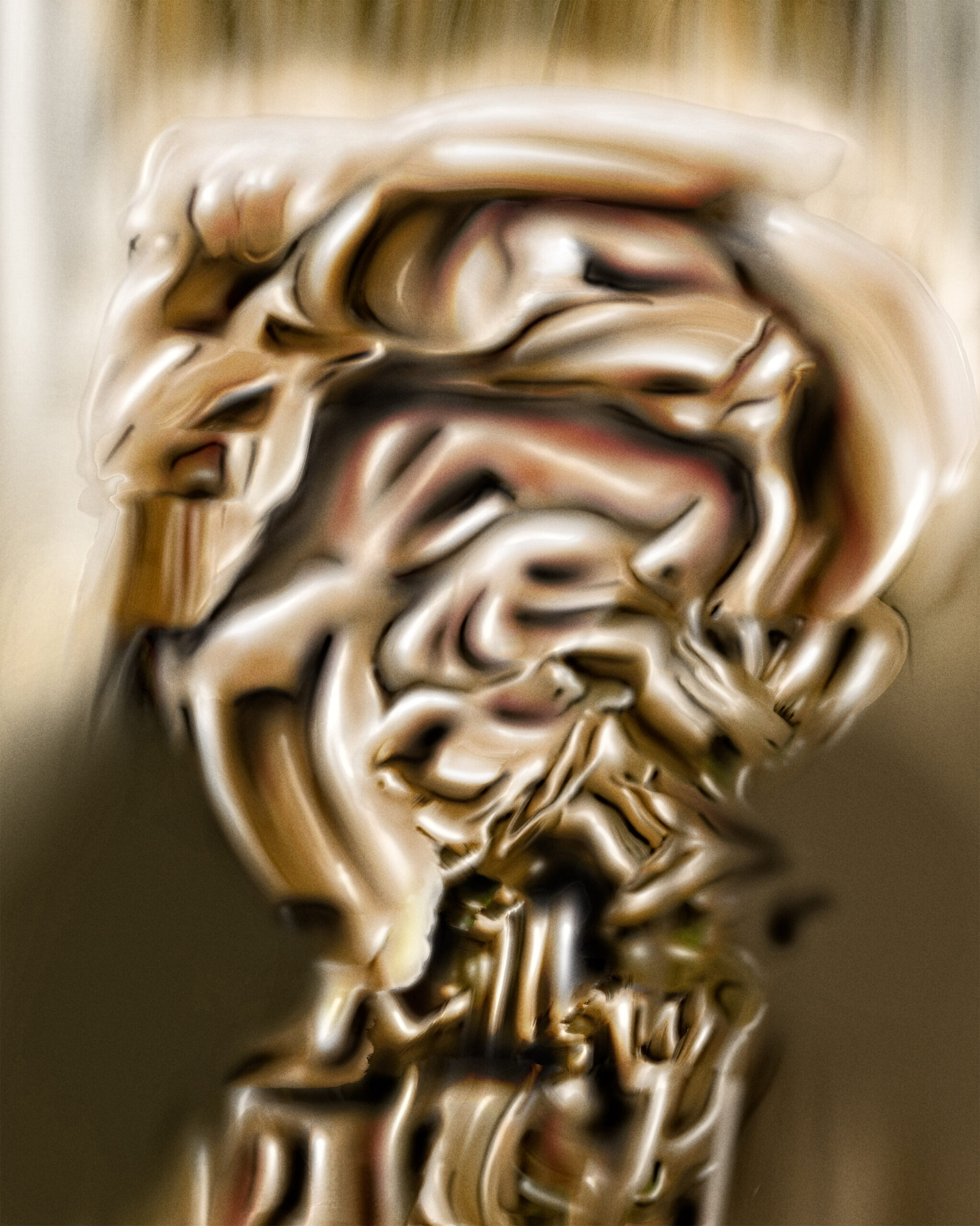 Digital abstract artwork featuring smooth sculptural shapes in golden, bronze, and cream tones. The composition suggests the partial emergence of a human form, blending softness, weight, and motion within a vertical format.