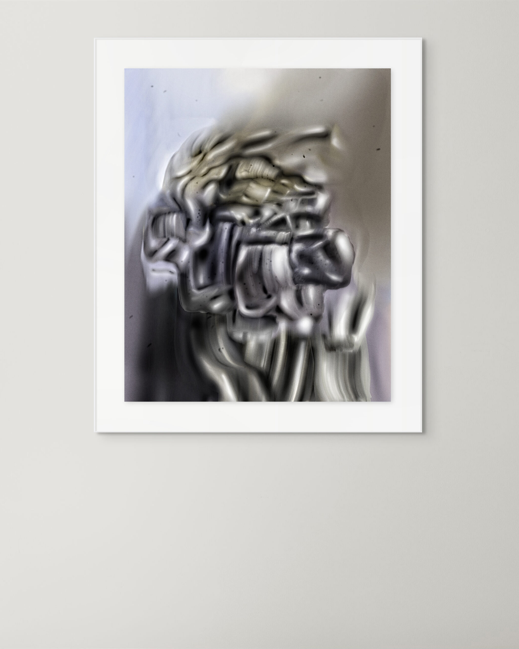 Framed fine art print of Digital Fragments 417 by Denis Leclerc, displayed against a light gray wall. The abstract work features fluid gray and ivory shapes, part of the Ethereal Solid series, and is presented with a white matte border.
