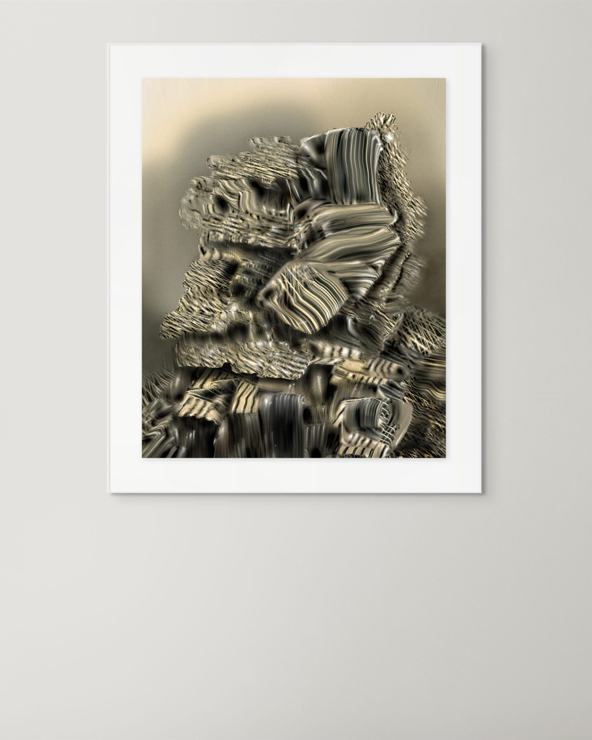 Framed fine art print of Digital Fragments 418 by Denis Leclerc, displayed against a light gray wall. The abstract work features fluid gray and ivory shapes, part of the Ethereal Solid series, and is presented with a white matte border.