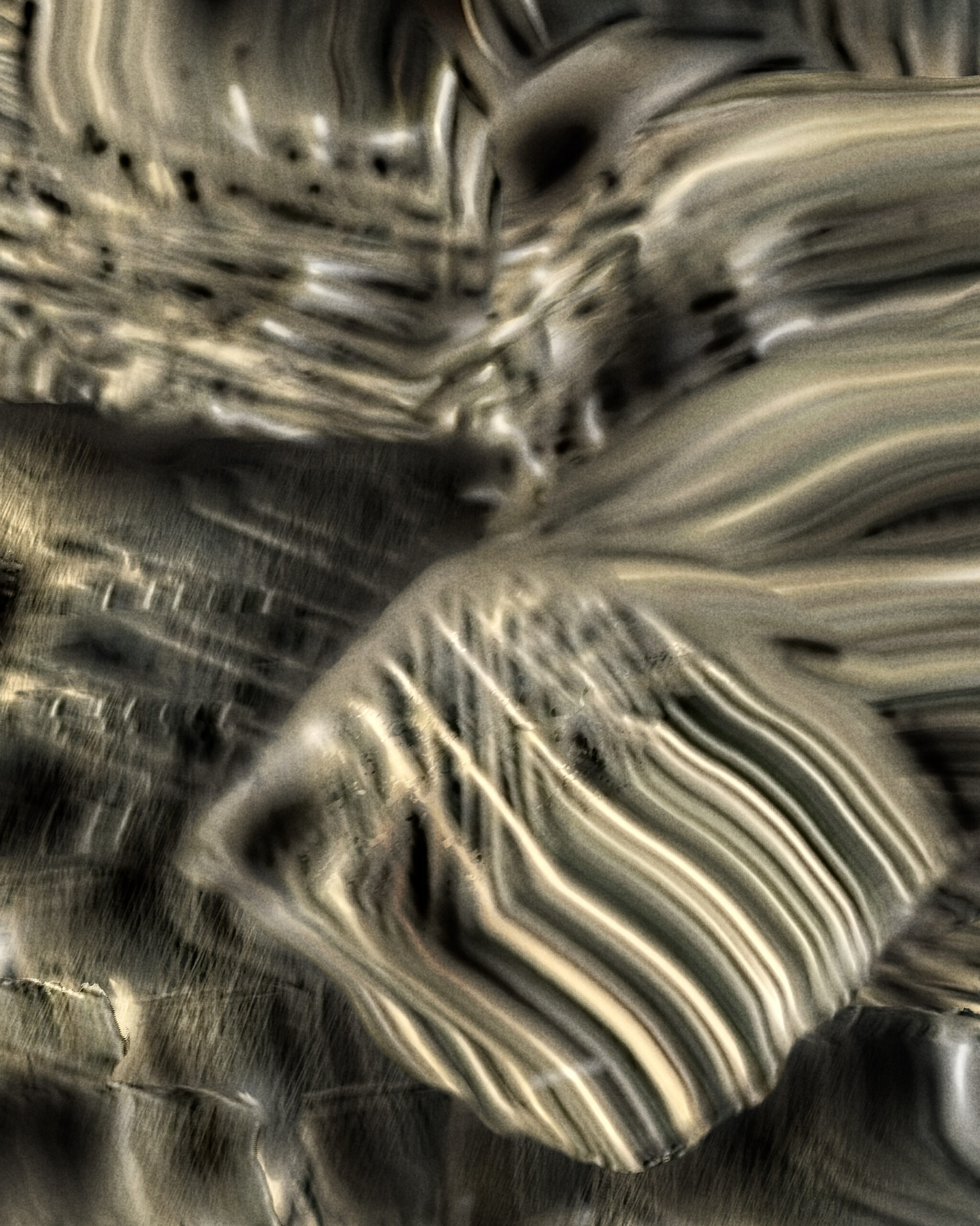 Close-up of Digital Fragments 418 by Denis Leclerc, highlighting rippling striped textures and layered surfaces inspired by World War I dazzle camouflage.