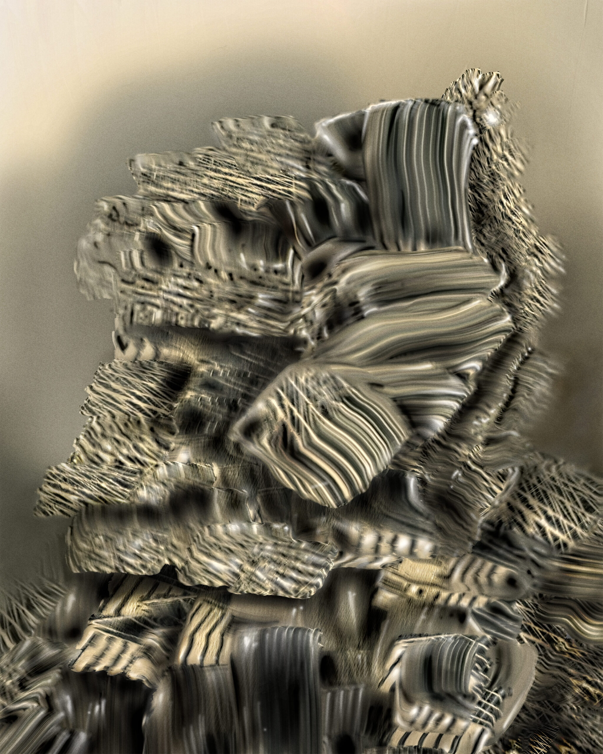 Digital Fragments 418 from the Ethereal Solid series by Denis Leclerc, showing a complex, stacked abstract form with striped textures reminiscent of dazzle camouflage, in muted beige and grey tones.