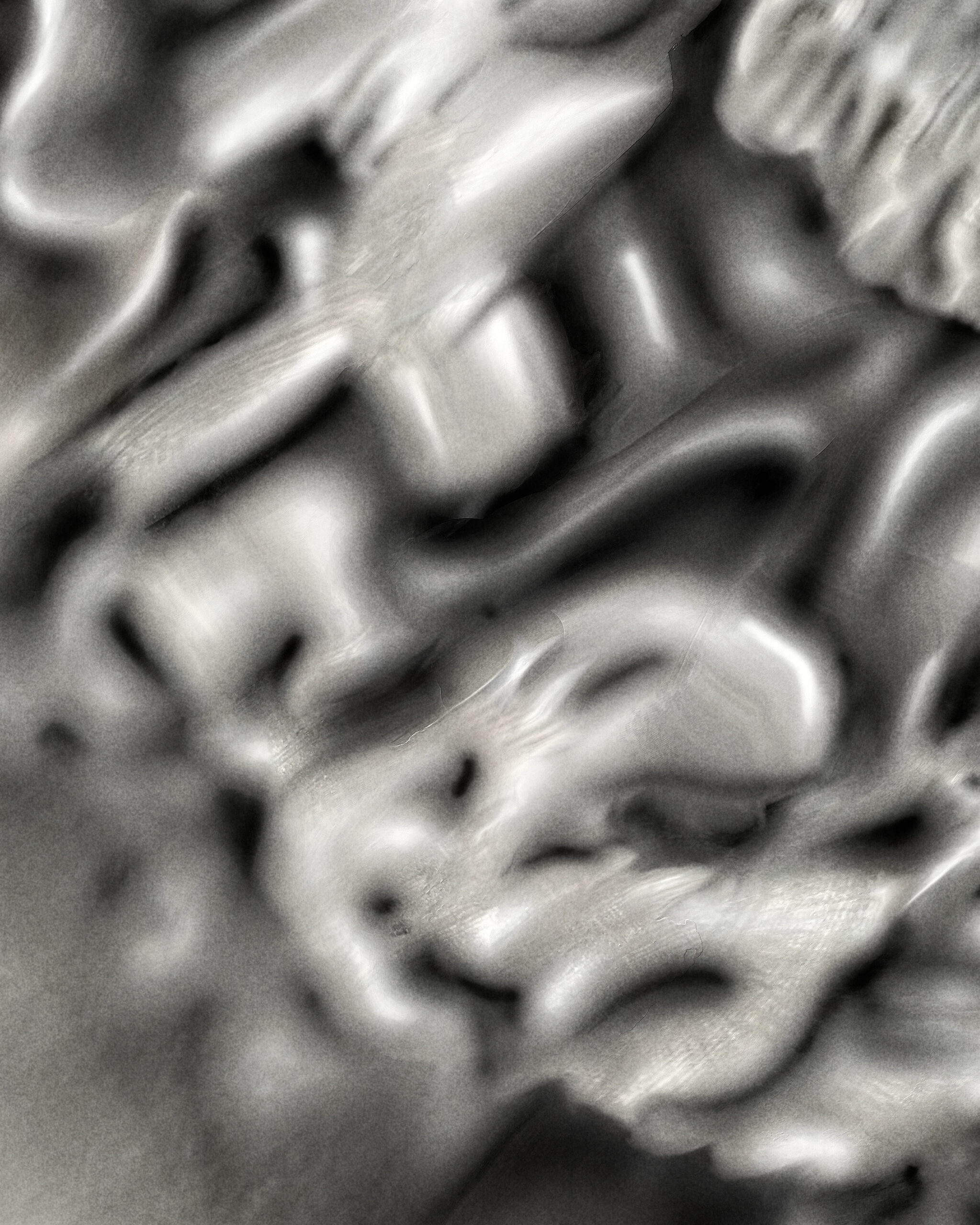 Digital Fragments 419 by Denis Leclerc – close-up detail of the completed abstract digital artwork from the Ethereal Solid series, showing fluid textures and sculptural forms.