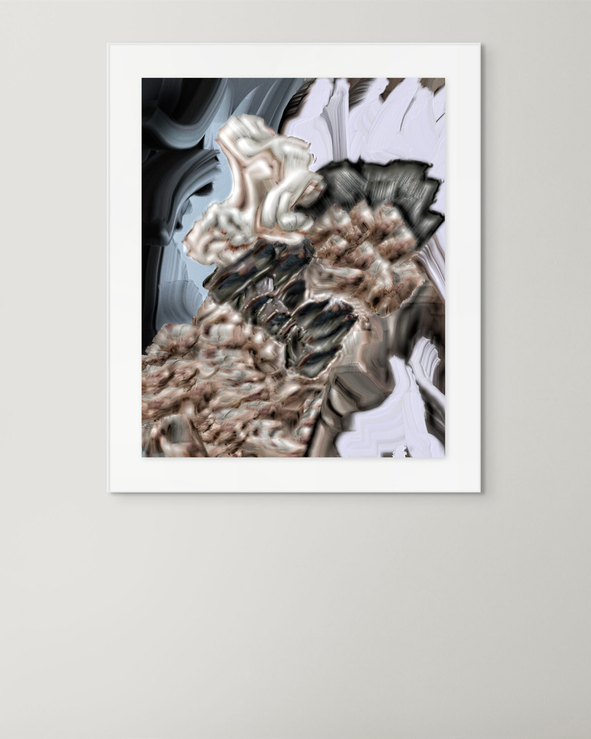 Framed print of Digital Fragments 420 by Denis Leclerc displayed on a light grey wall, showing the artwork’s composition in a modern interior context.