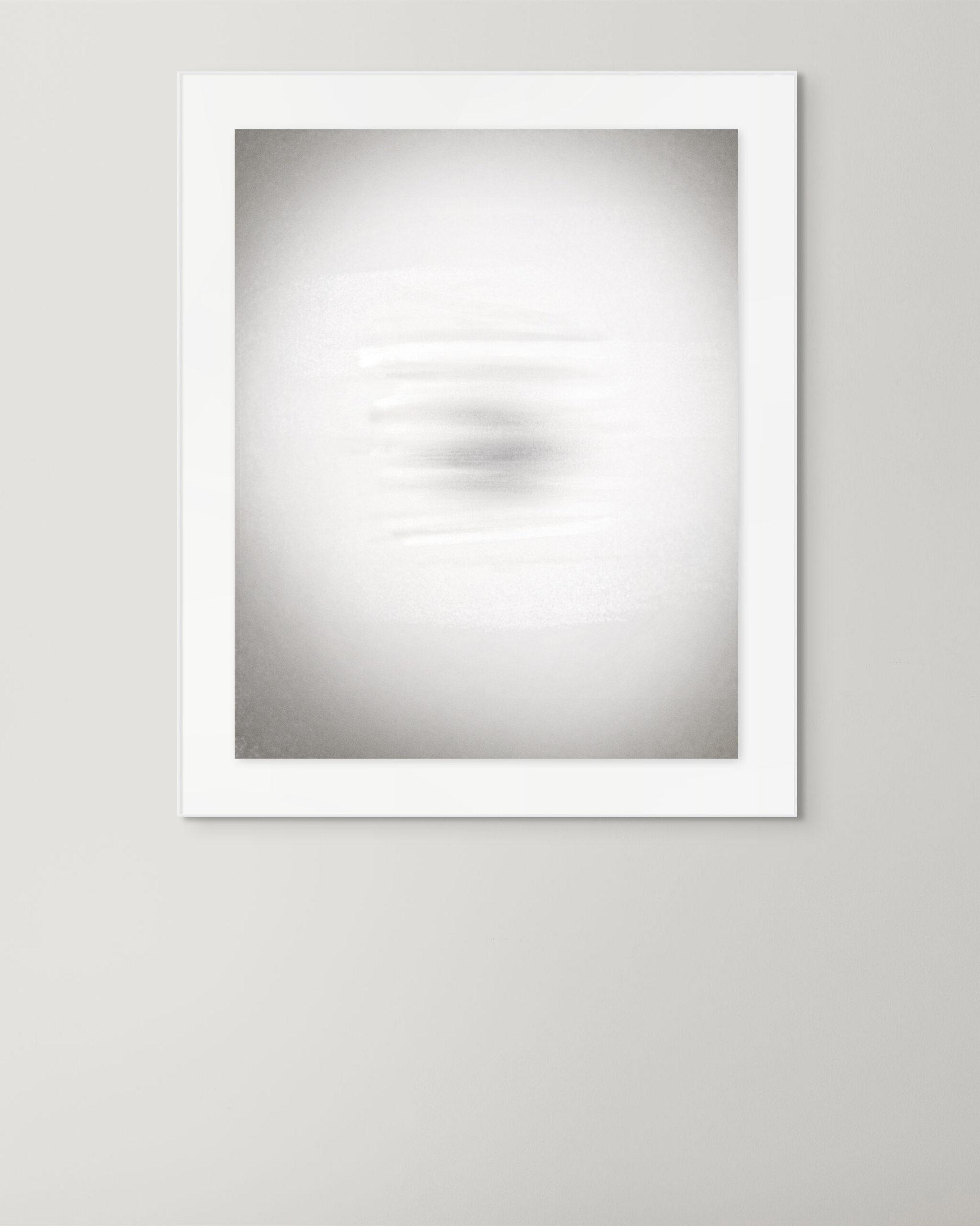 Framed digital artwork Dispersal Trace displayed on a light wall, showing a soft abstract composition with subtle light gradients.