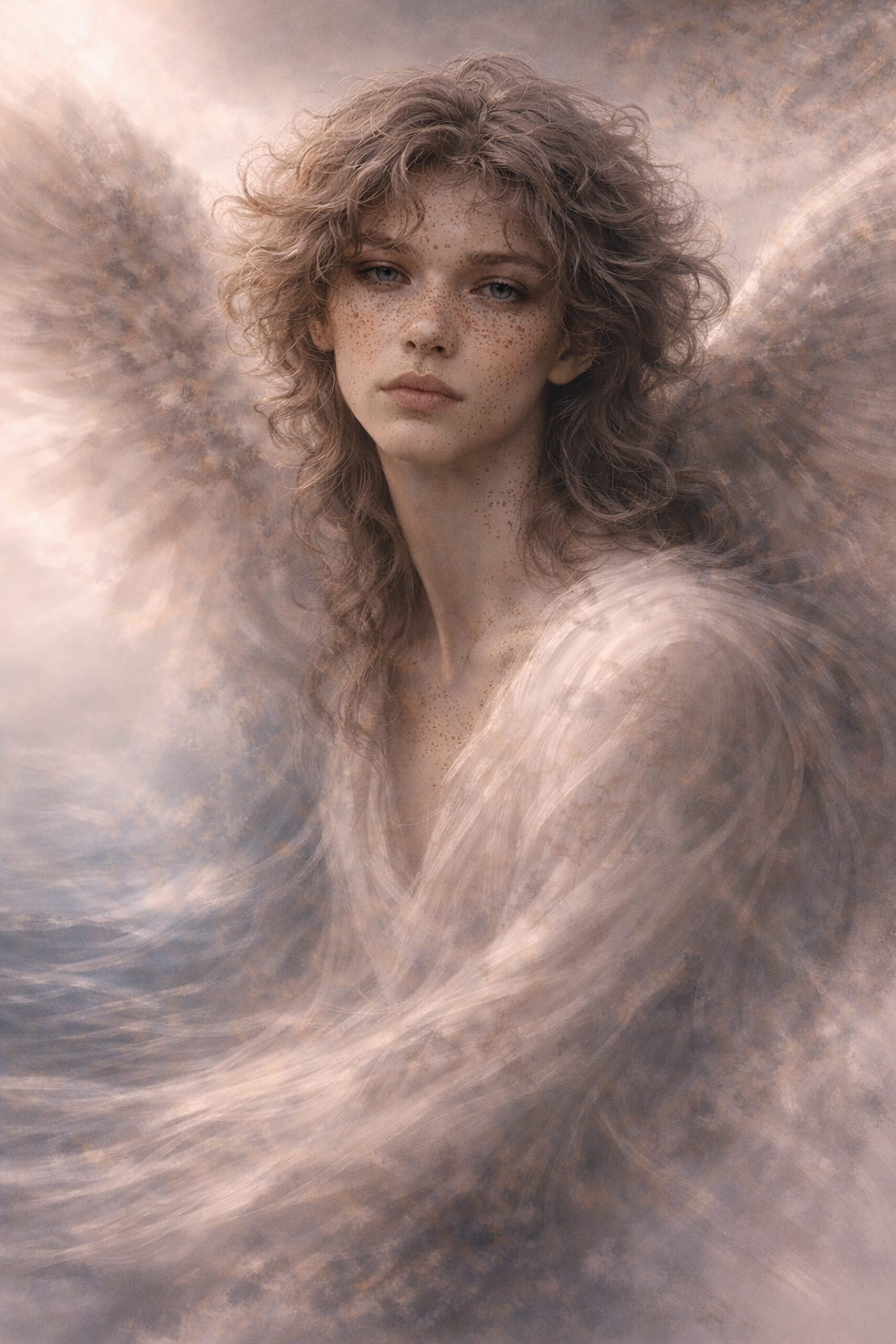 Ephyra academic study depicting a restrained androgynous winged figure developed from the abstract digital artwork Ephyra, rendered with controlled academic light