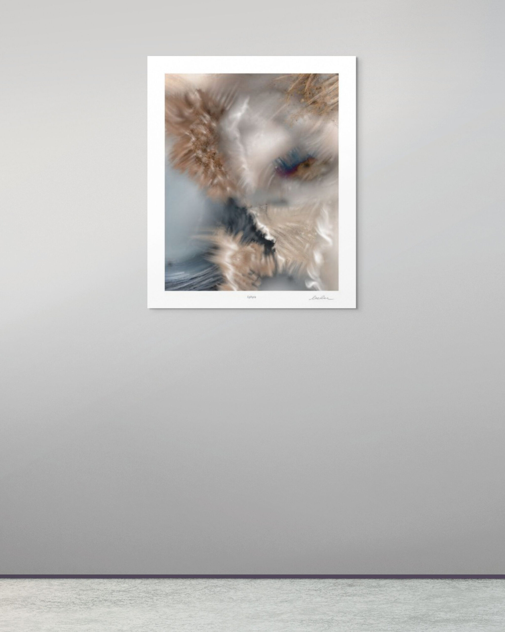 Framed print of Ephyra abstract digital art displayed on a neutral gallery wall, highlighting soft motion and atmospheric textures