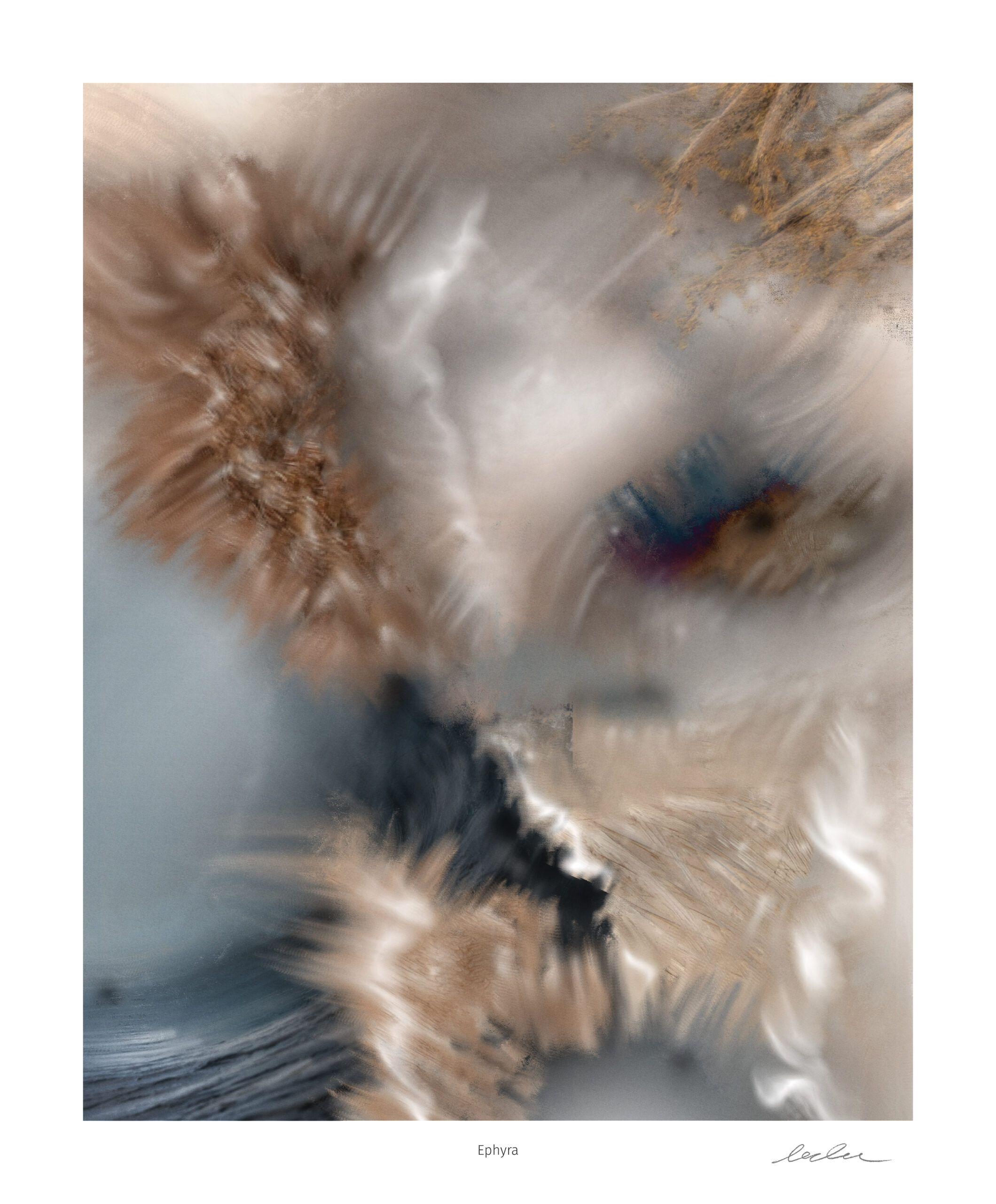Ephyra abstract digital art presented as a fine art print with white border, featuring layered motion, diffused light, and soft earth tones suggesting an emerging siren form