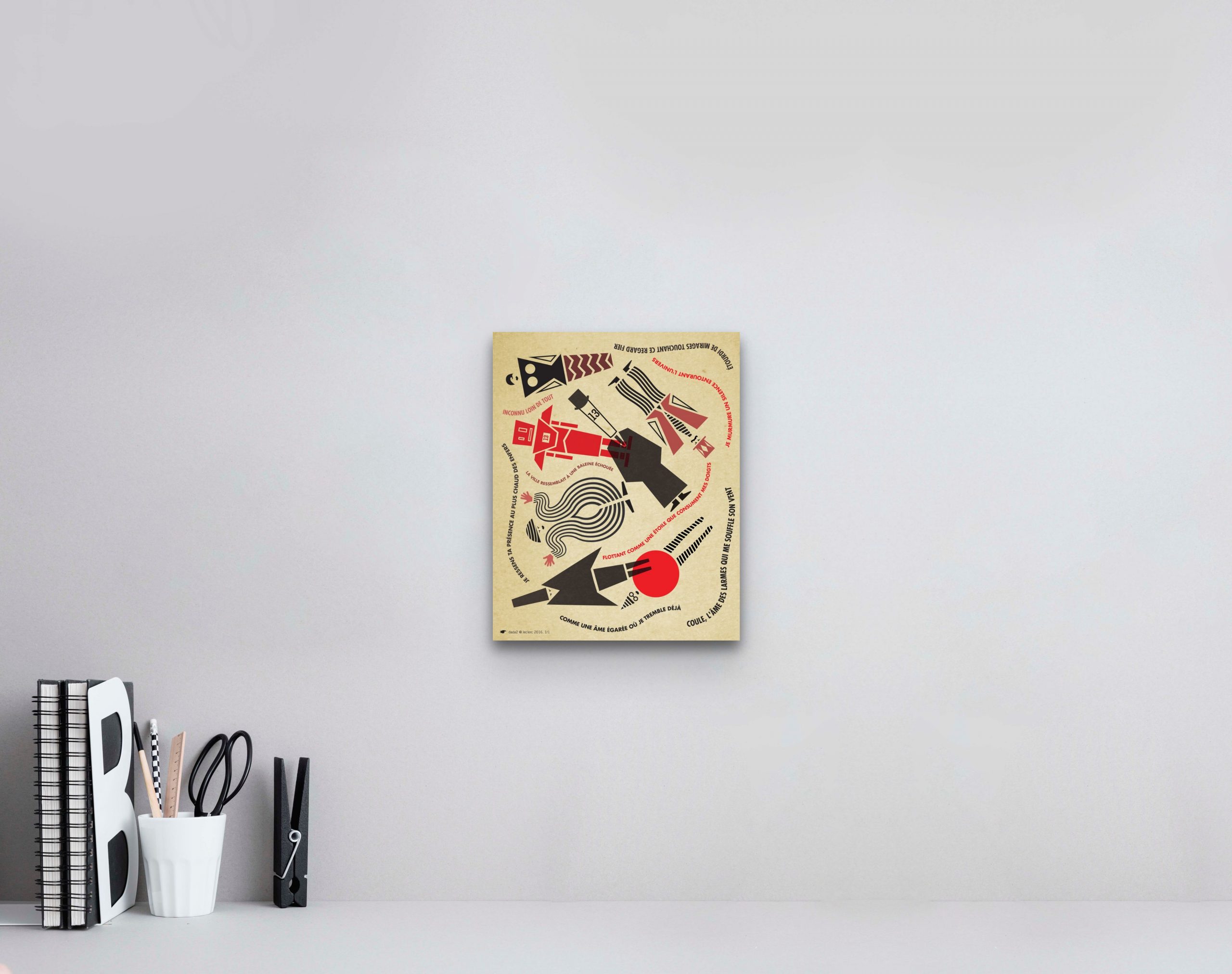 An artwork measuring 10 W x 8 H x 0.1 D inches displayed in a small interior setting. The colourful piece adds a touch of creativity and vibrancy to the interior, enhancing the overall aesthetic appeal.