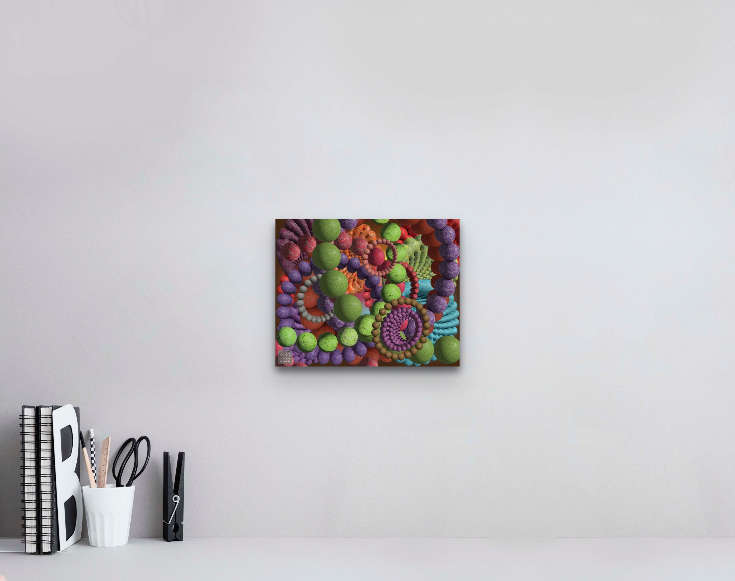 An artwork measuring 10 W x 8 H x 0.1 D inches displayed in a small interior setting. The colourful piece adds a touch of creativity and vibrancy to the interior, enhancing the overall aesthetic appeal.